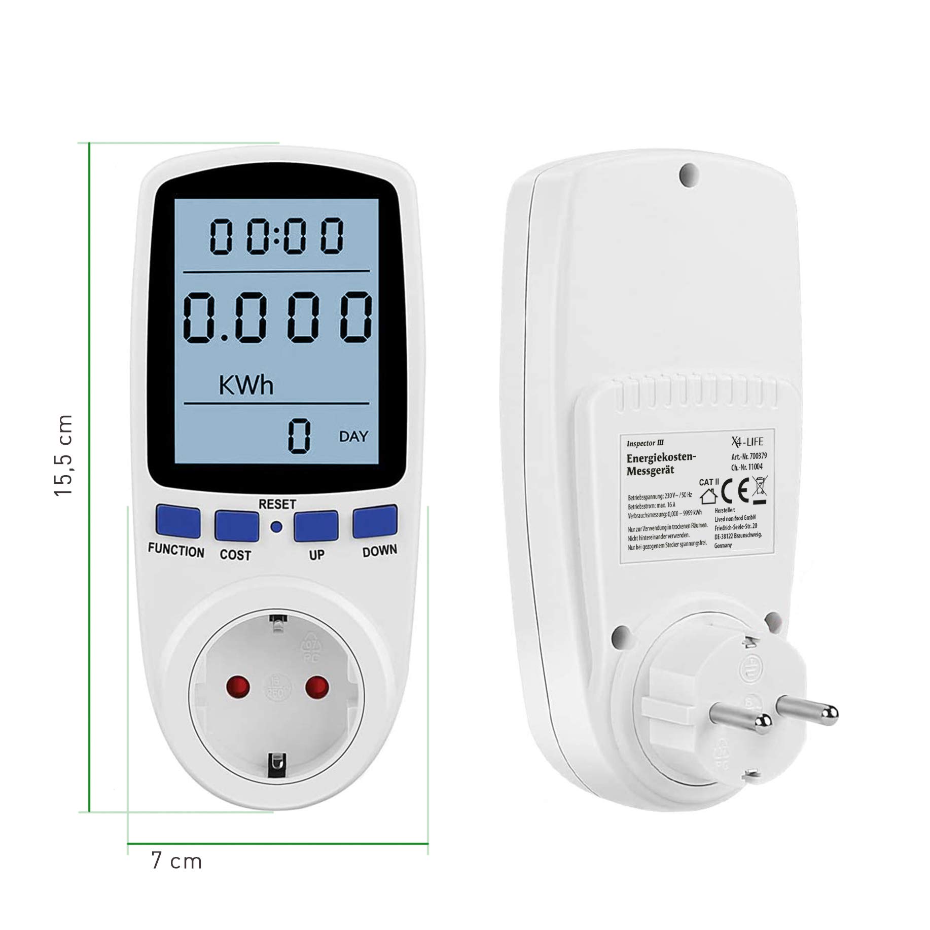 X4-LIFE Misuratore dei costi energetici, set da 2 pezzi, contatore di corrente per presa di corrente, misuratore di consumo energetico, tariffa di corrente regolabile liberamente