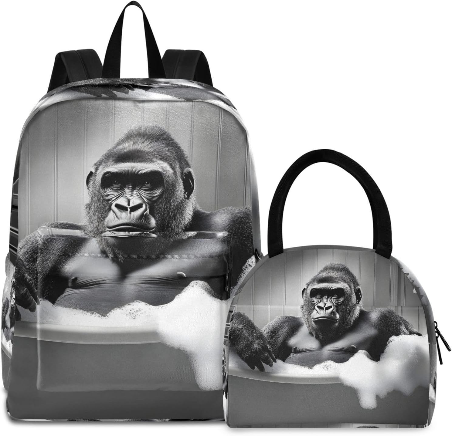 Gorilla Bathtub Funny Laptop Backpack and Insulated Lunch Bag Set for Work Picnic - Fits 15.6 Inch Computer, Lightweight with Organizer Pockets for Women Men
