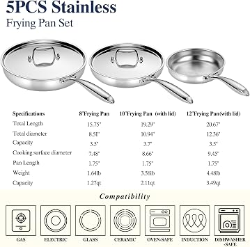 Umite Chef Stainless Steel Frying Pan Set with Lid, 3Pcs Skillet Set (Includes 8,10,12) - 5 Ply Stainless Clad - Heavy Duty & Professional Cookware Set, Fast & Even Heat, Dishwasher and Oven Safe