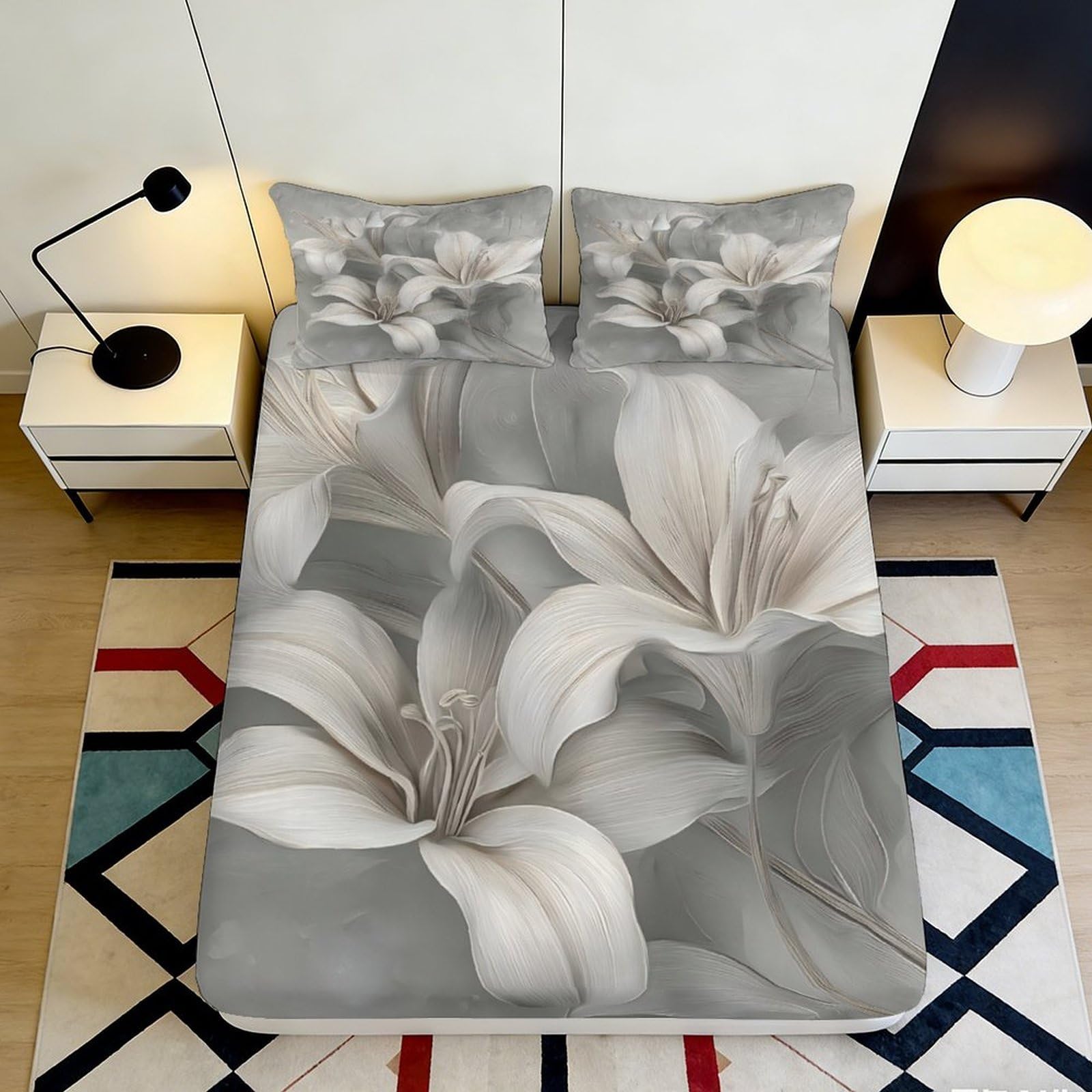 Pnayamiorkfel Style-9 3D Printed Elegant Lily Fitted Sheet Microfiber Soft Grey Floral Mattress Cover For Bedroom Guest Room Decor 90X200x25cm
