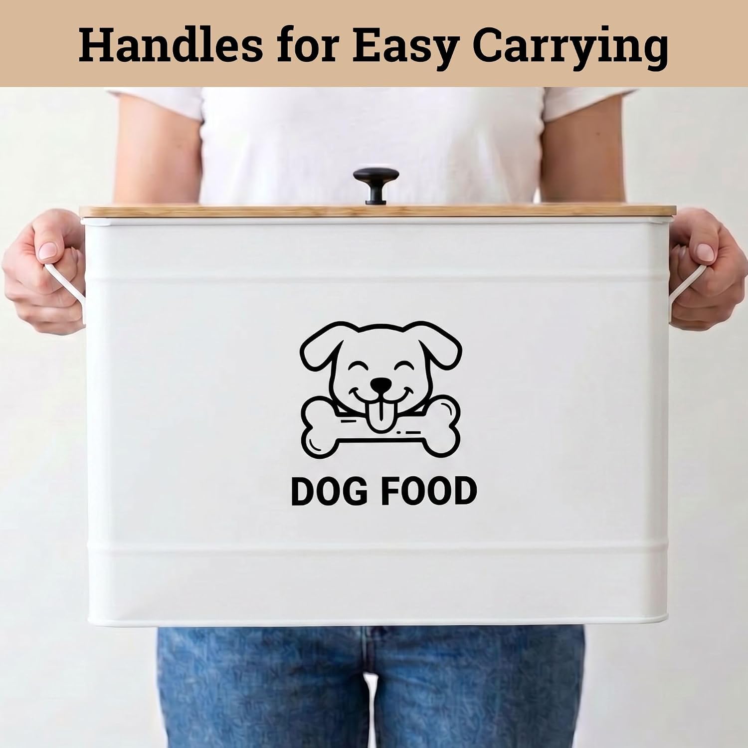 Dog Food Container Airtight 15 lb (50 Cup) Capacity with Metal Scoop - Cute Airtight Dog Food Storage Container with Bamboo Lid - White Metal Kibble Storage Bin for Dogs up to 100 lbs - Big Pet Jar