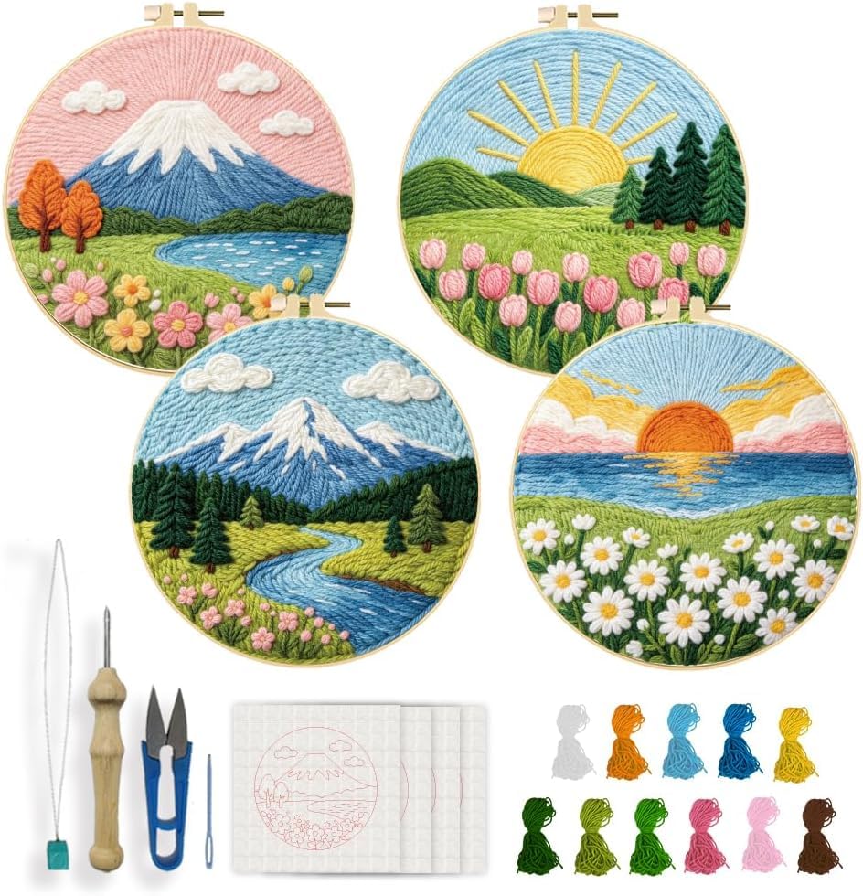 INFUNLY 4 Set Flower Scenery Punch Needle Kit for Beginners Landscape Punch Needle Embroidery Starter Kit 8.7×8.7Inch DIY Needlepoint Set with Mountain Pattern Instruction for Festival Gift Home Decor