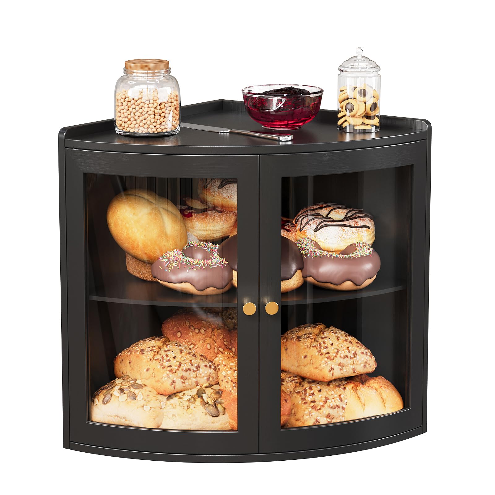 VEDECASA Portapane angolare in bambù per la cucina, a doppio piano, con grande spazio e porta in acrilico trasparente, salvaspazio, per il piano di lavoro, nero, 31 x 31 x 38 cm (nero)