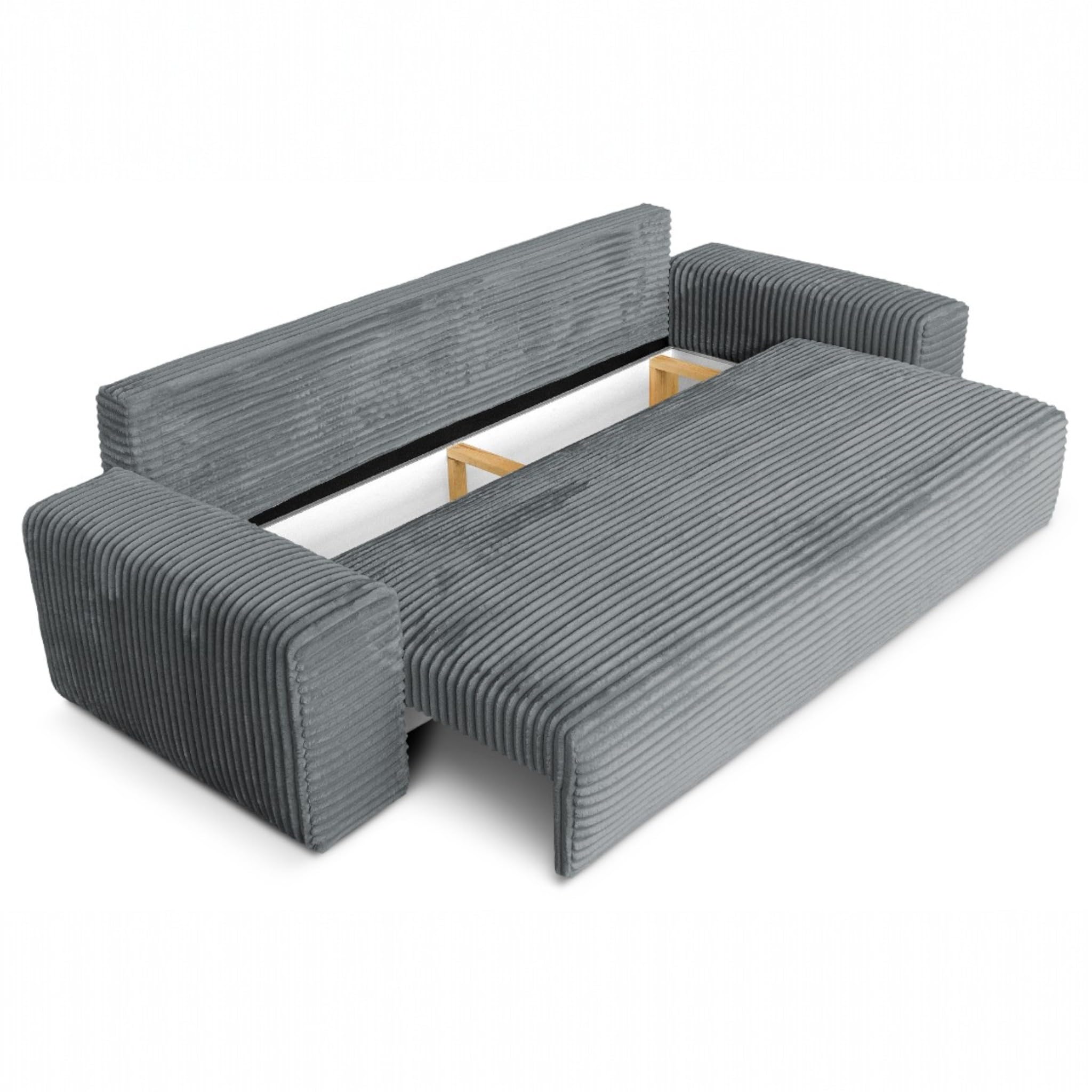 Cordo Schlafsofa 265×150 cm mit Bettkasten – Cord Sofa TILIA Breitcord, SoftTouch Komfort, 3-Sitzer Couch, abnehmbare Kissen, Easy Clean & Pet Friendly (Grau)