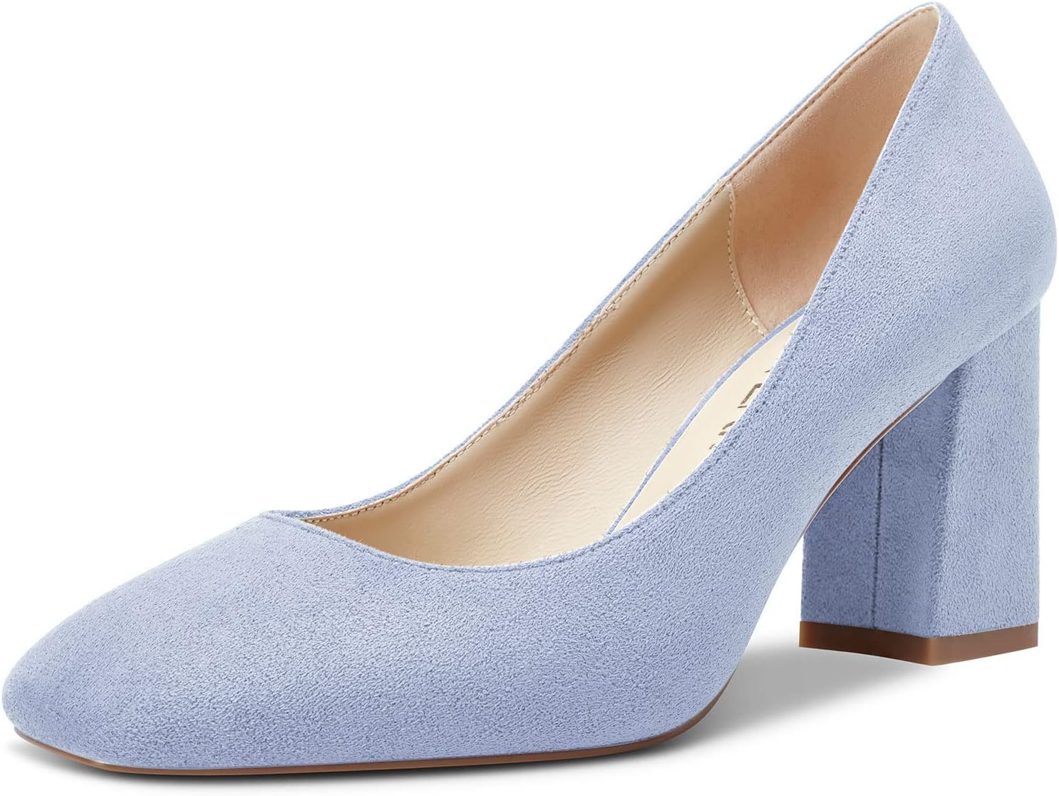 HEUIVZAR Women Pumps Square Toe Block Chunky Mid Heel Slip-on Dress Shoes Suede 3 Inch