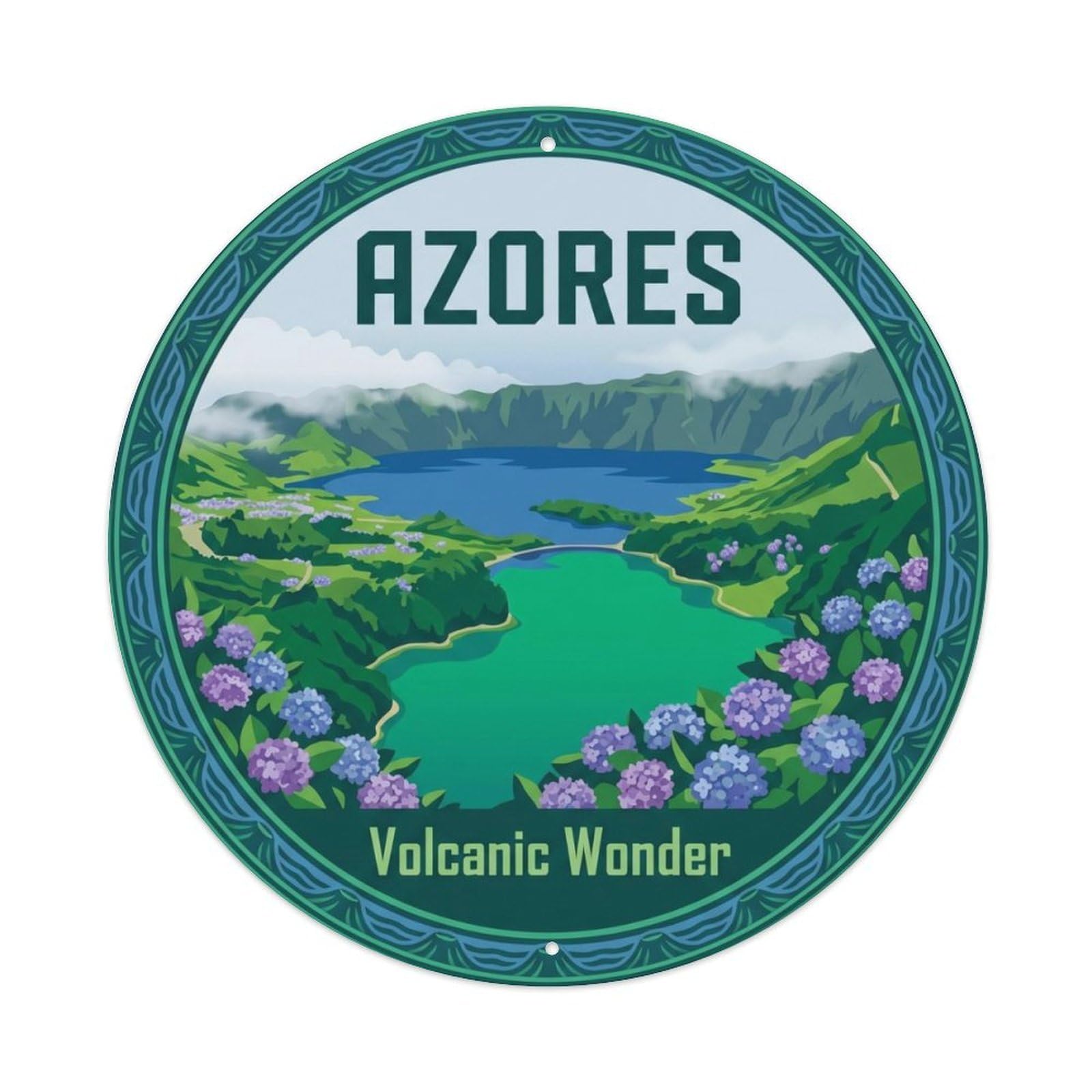 Vintage Travel Azores Volcanic Lake Metal Tin Sign Plaque Wall Decor for Cafe, Club, Garden Round Metal Poster 8x8Inch
