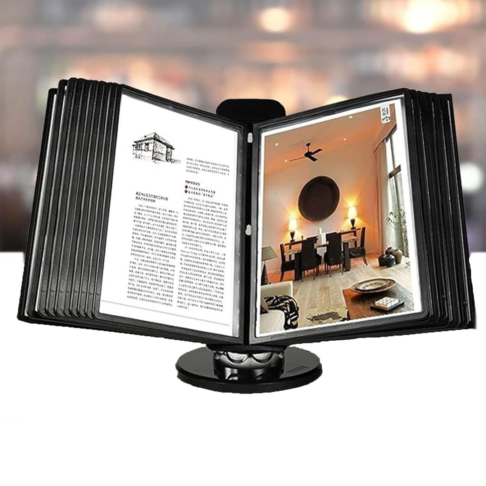 SnamicE Desktop Reference System - Rotation Desk Flip File Holder, 10 Display Pockets, Compact Wall Mount Reference Organizer, Deluxe Catalog Display Rack with Black Base, Space,