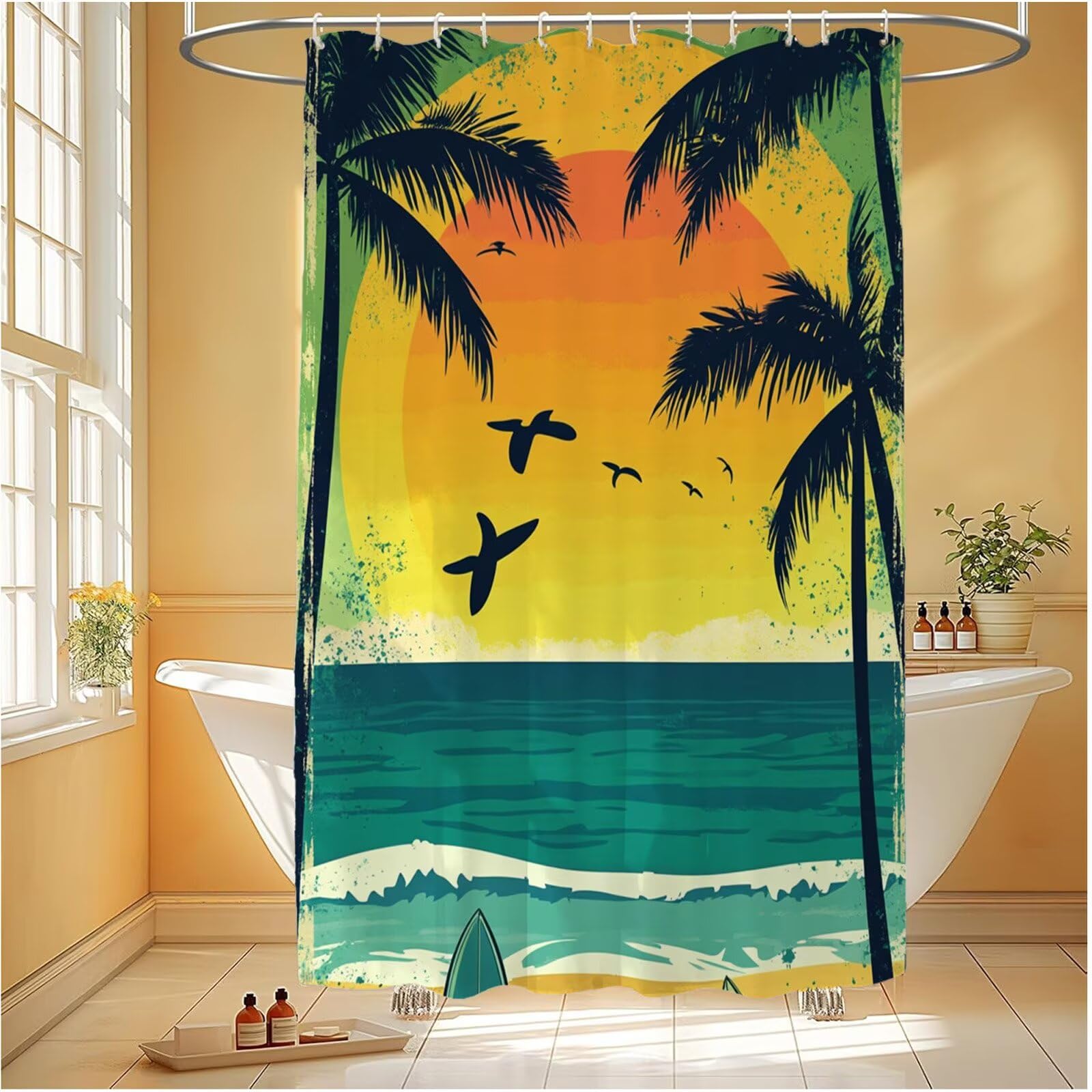 Duschvorhang 240x200 cm Gelb Shower Curtains Tropisch mit Gewicht und 12 Plastik Haken, Anti Schimmel Wasserdicht, Waschbar Schnelltrocknender Polyester Stoff, Dekorative Vorhang für Badewanne 6H-281