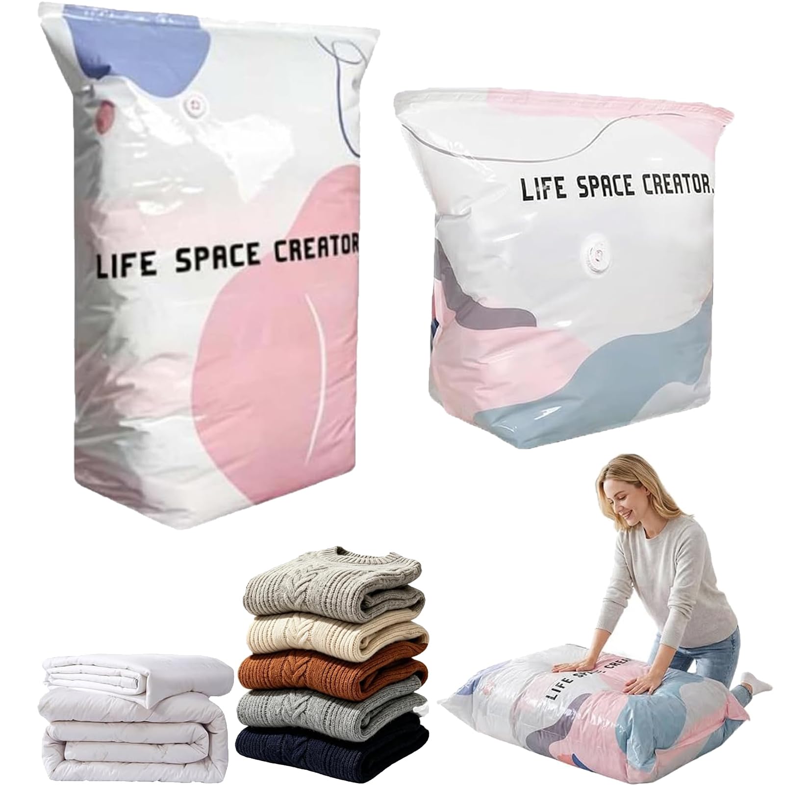 Vacuum Storage Bags No Pump, 3D Compression Bags – Roll Up Airtight Storage Bags for Clothes, Duvets, Bedding & Travel, Reusable Space Saver Compression Bags, Wardrobe & Suitcase Organiser (1*M + 1*L)
