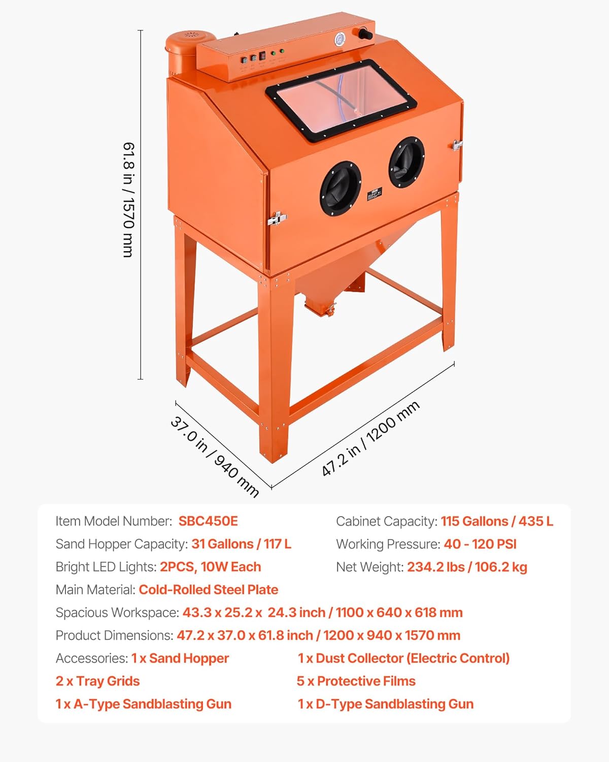 VEVOR Heavy Duty Sandblasting Cabinet Kit, Industrial-Grade Steel Sand Blasting Cabinet with Dual Blasting Guns & 1.6HP Dust Collector for Oversized Parts Surface Finishing, Rust Removal