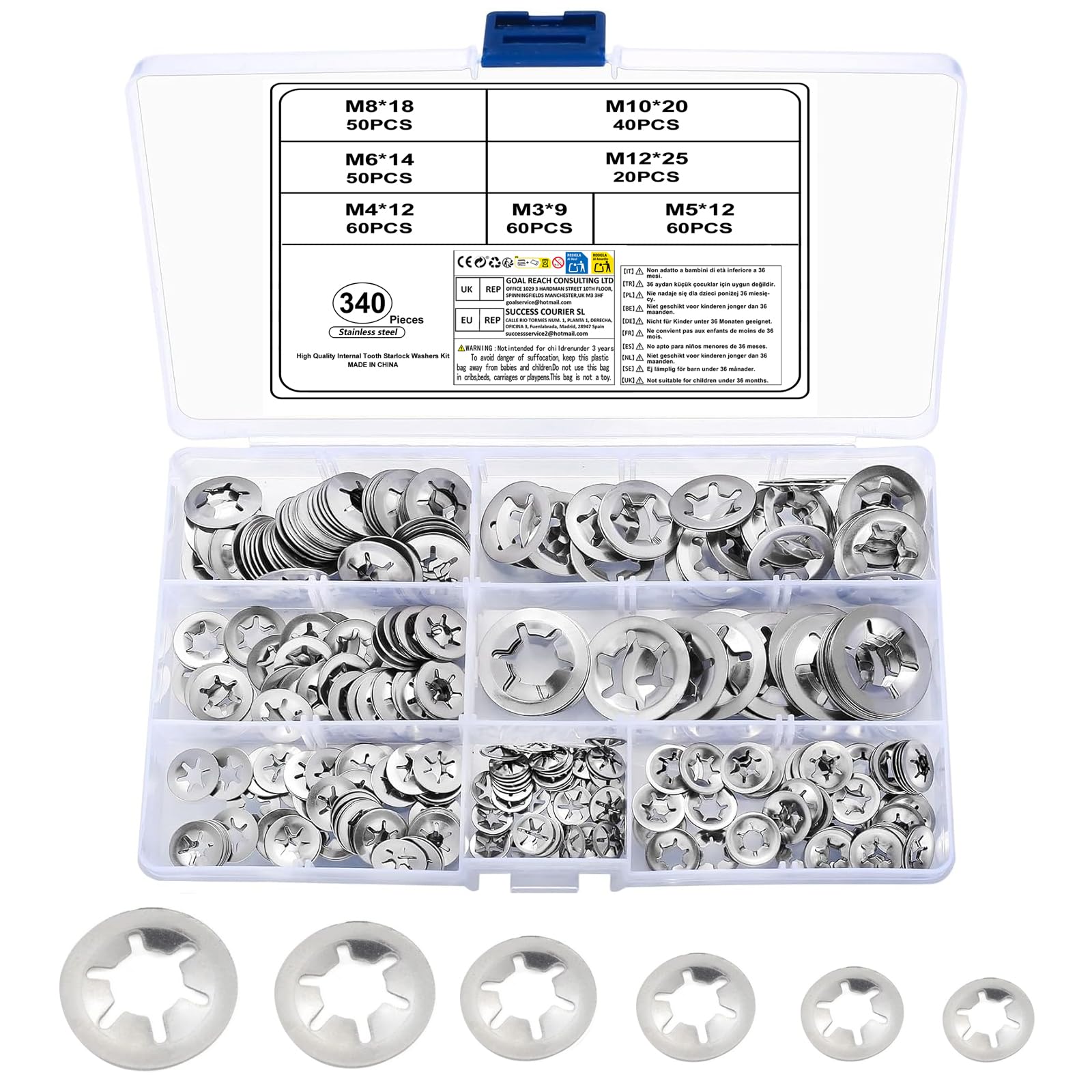 340 Pcs Starlock Washers, Internal Tooth Quick Speed Locking Washer, Push On Speed Clips Fasteners Starlock Washers Assortment Kit - Stainless steel, silver, M3/M4/M5/M6/M8/M10/M12