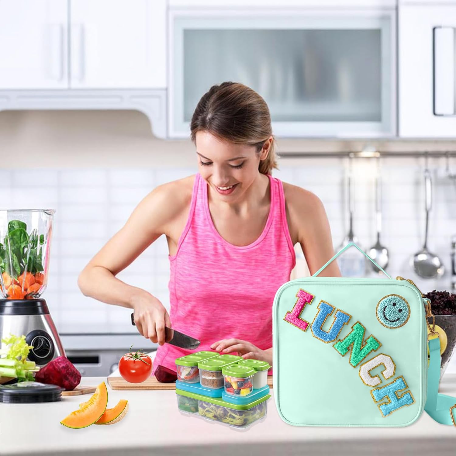 Insulated Lunch Bag With Adjustable Shoulder Strap, Nylon Preppy Lunch Box Large Insulated Lunch Bag Reusable Lunch Tote Bag with Smiley Preppy LunchBag for Girls School Travel Picnic (Green) - Image 2