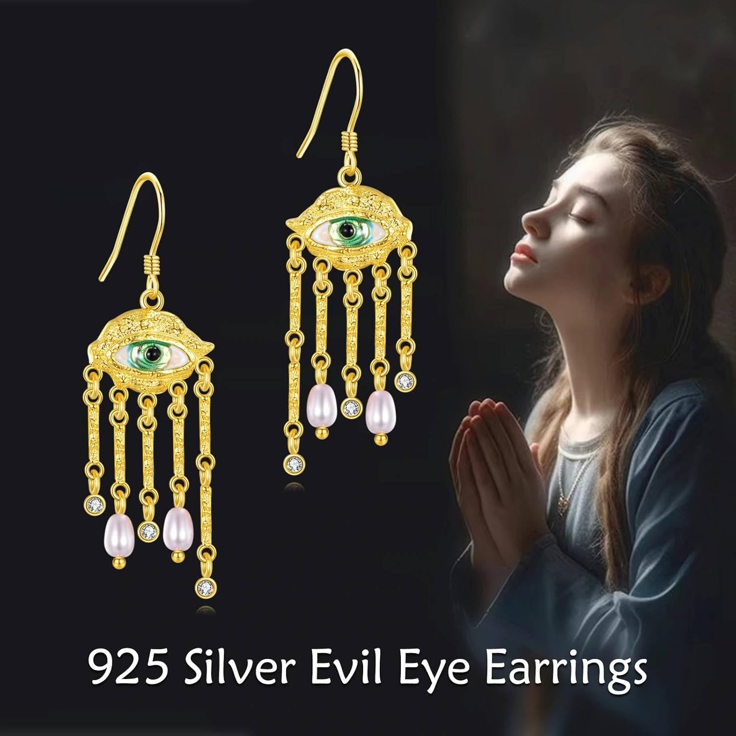 YFN Evil Eye Earrings Sterling Silver Turkish Evil Eye Dangle Drop Earrings Green Ojo Turco Jewelry Gifts for Women - Image 6