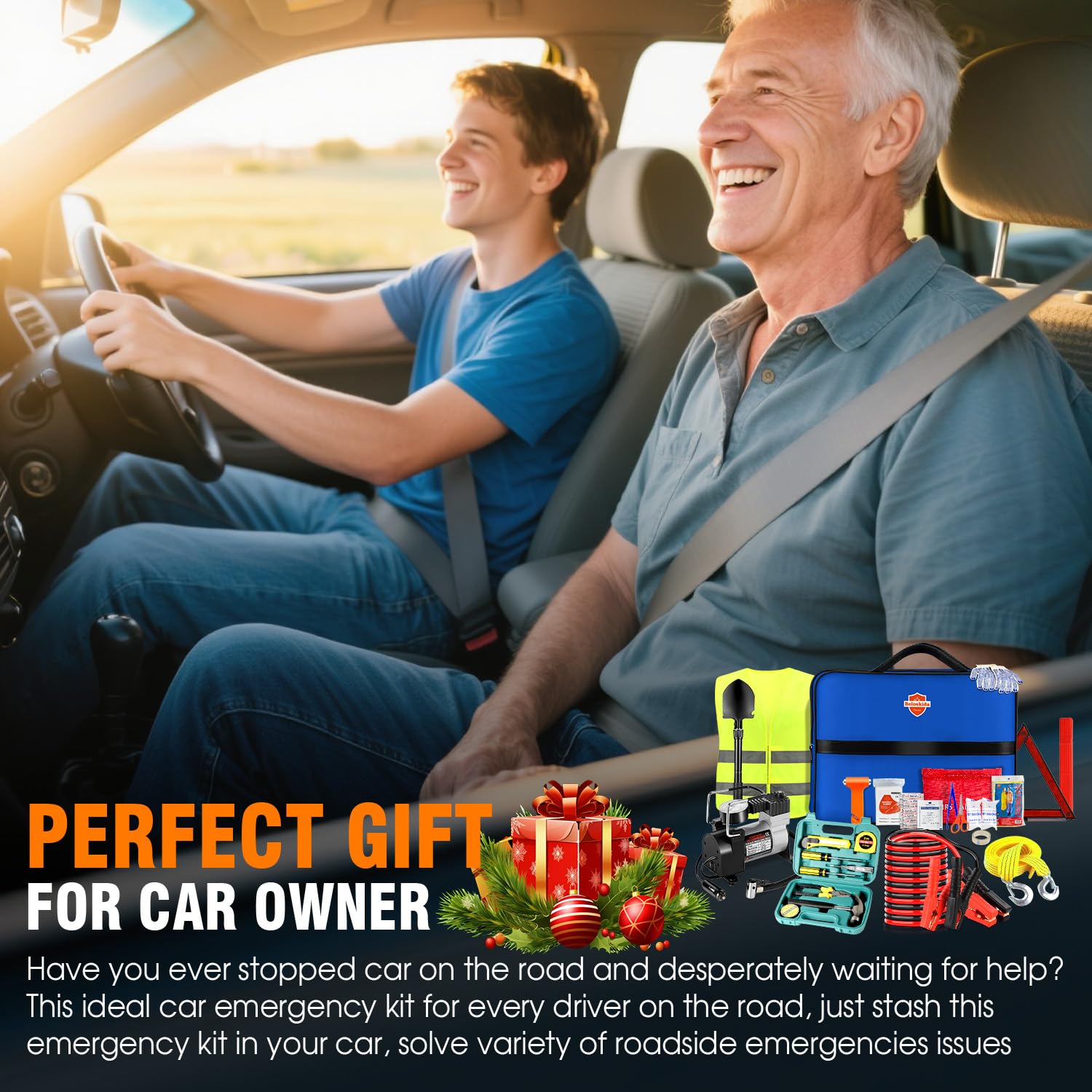 Emergency Car Kit,Roadside Emergency Tool Kit for Vehicle Truck with Air Compressor Jumper Cable First Aid Kit,Winter Auto Road Side Kit Women Men Car Travel Safety Assistance Survival Essentials Kit