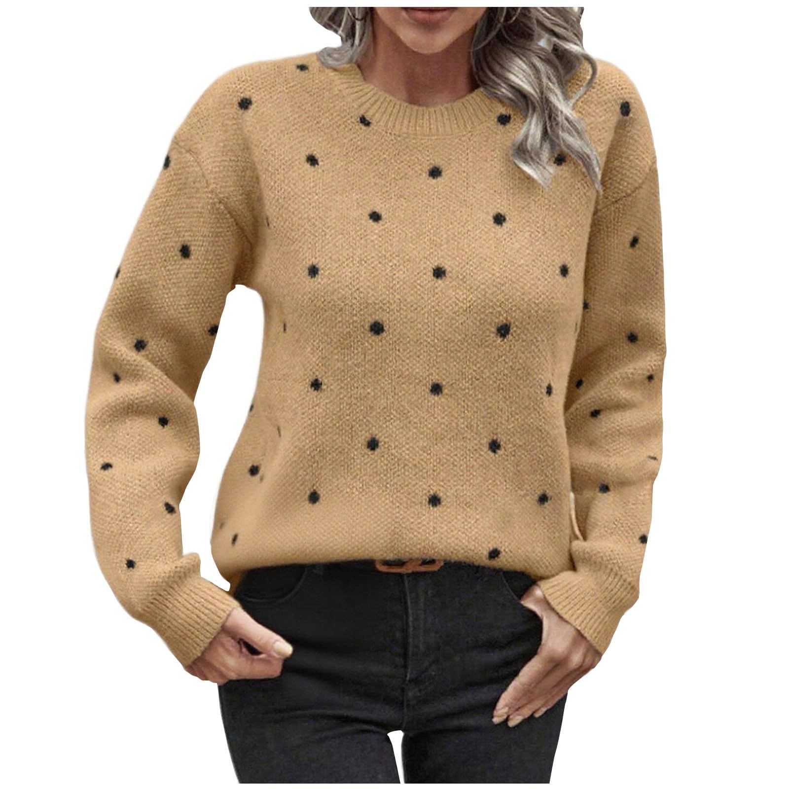 Women Polka Dot Sweater Casual Fashion Crew Neck Pullover Tops Fashion Printed Long Sleeve Regular-Fitted Sweaters