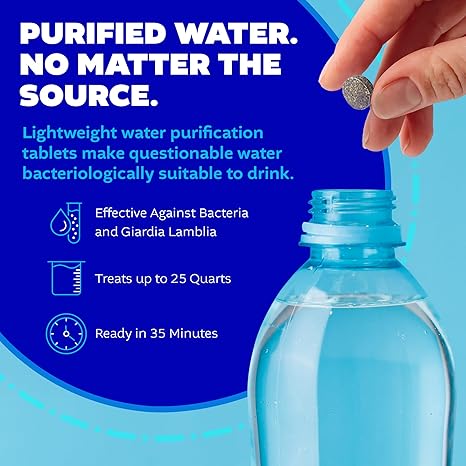 Potable Aqua Water Purification Treatment - Portable Drinking Water Treatment for Camping, Emergency Preparedness, Hurricanes, Storms, Survival, and Travel (50 Tablets), Black, single pack | camping-water-filters