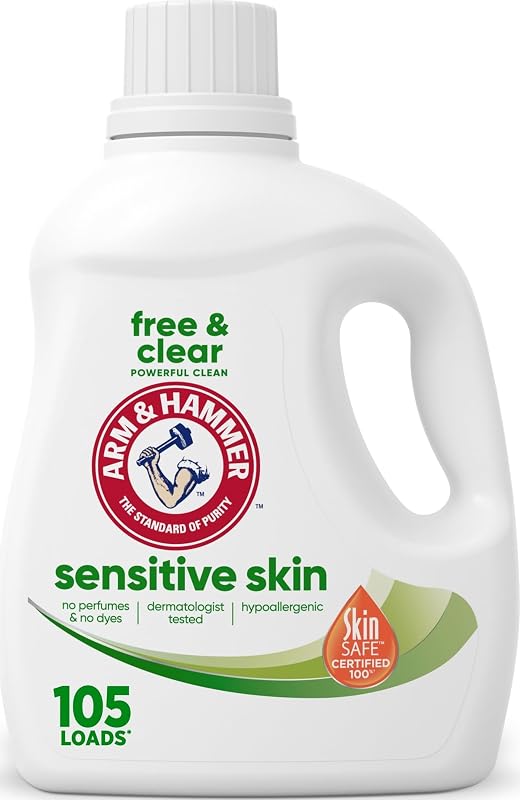 ARM & HAMMER Sensitive Skin Free & Clear Liquid Laundry Detergent | Hypoallergenic, Dye Free, Dermatologist Tested, 105 Loads, 105 fl oz