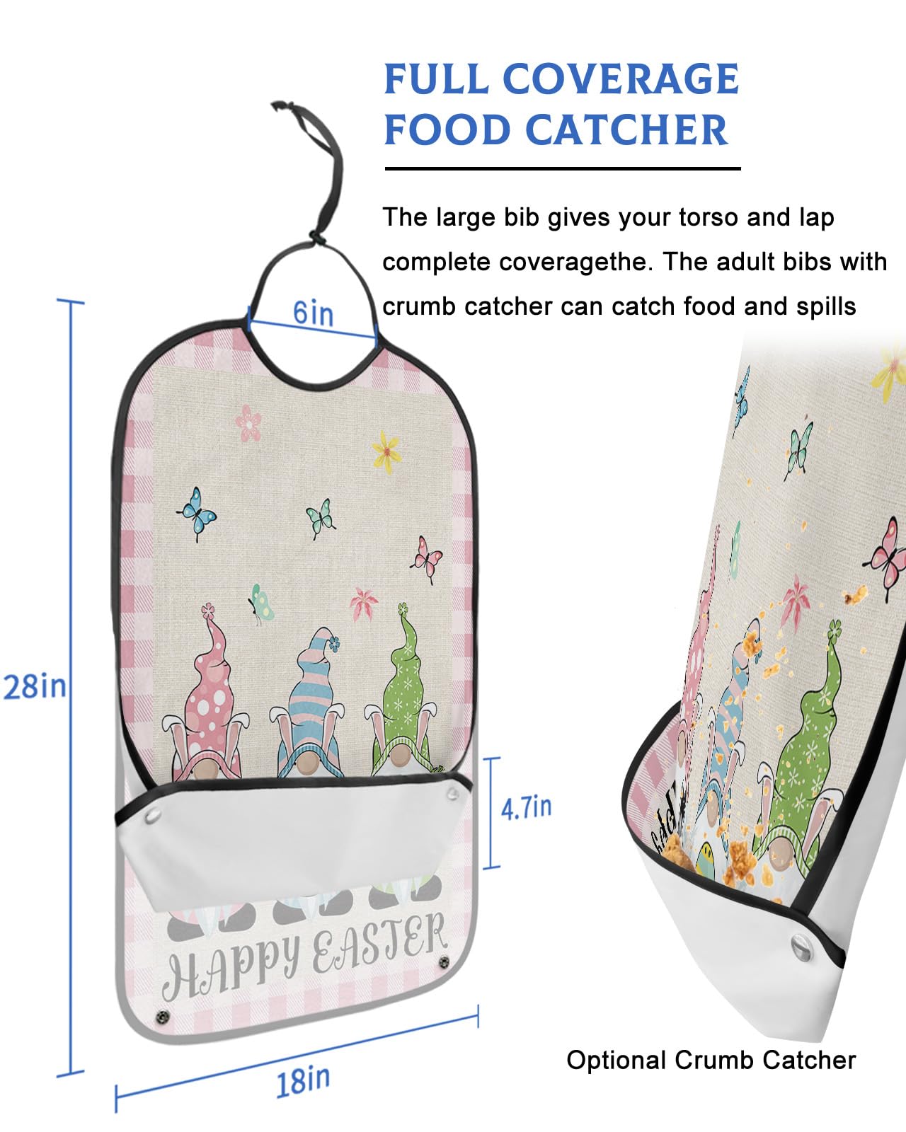 Spring Easter Adult Bibs for Eating, Waterproof Bibs with Food Catcher & Adjustable Snap Closure, Pink Buffalo Plaid Gnomes Bunny Colorful Eggs Clothing Protectors Adult Bibs for Elderly Women/Men