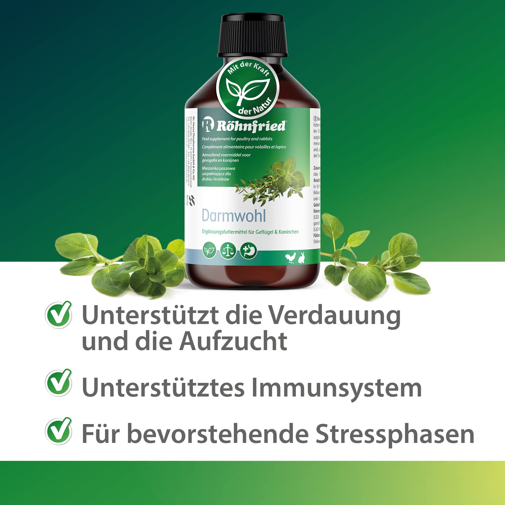 Röhnfried Hennengold, 1er Pack (1 x 5 l) & Darmwohl Nahrungsergänzung (250 ml) für Nager, Geflügel & Kleintiere, geförderte Verdauung & erleichterte Aufzucht, mit Oregano & Bartflechte
