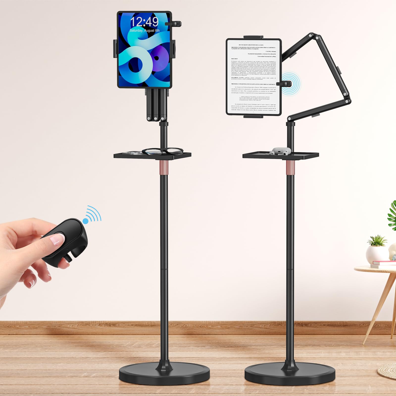 Houele Soporte de suelo para tablet con girador de páginas, soporte de suelo para iPad con bandeja | Soporte para Kindle de altura ajustable para cama, tablet, iPad, para Kindles, iPad y teléfonos de 4.7 a 15.6 pulgadas