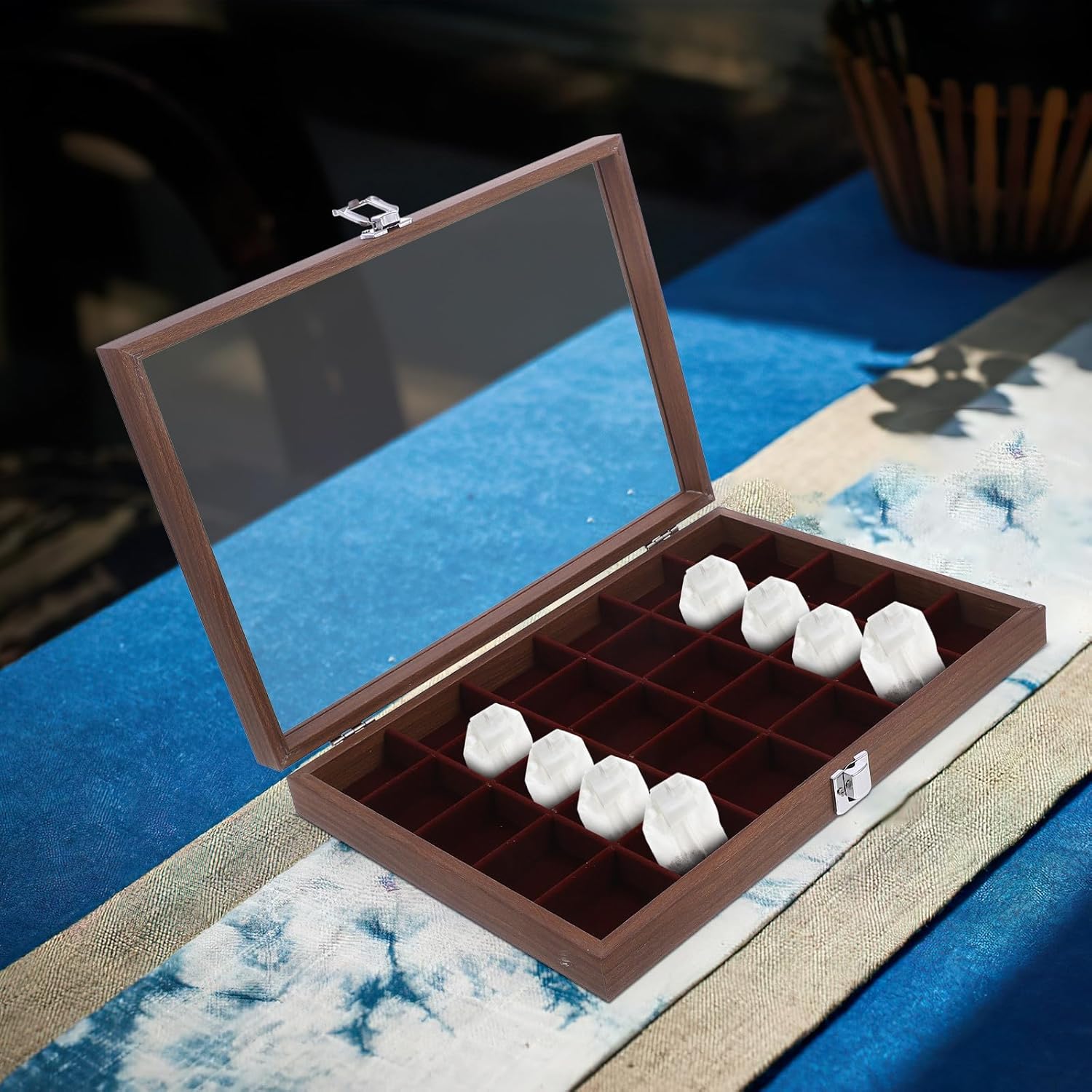 jojofuny Wooden Tea Bag Organizer Box with 30 Compartments, Walnut Grain Tea Bag Storage Case with Lid, Multi-functional Sundries Holder for Kitchen and Coffee Station, 10.24 X 7.68 X 2.36
