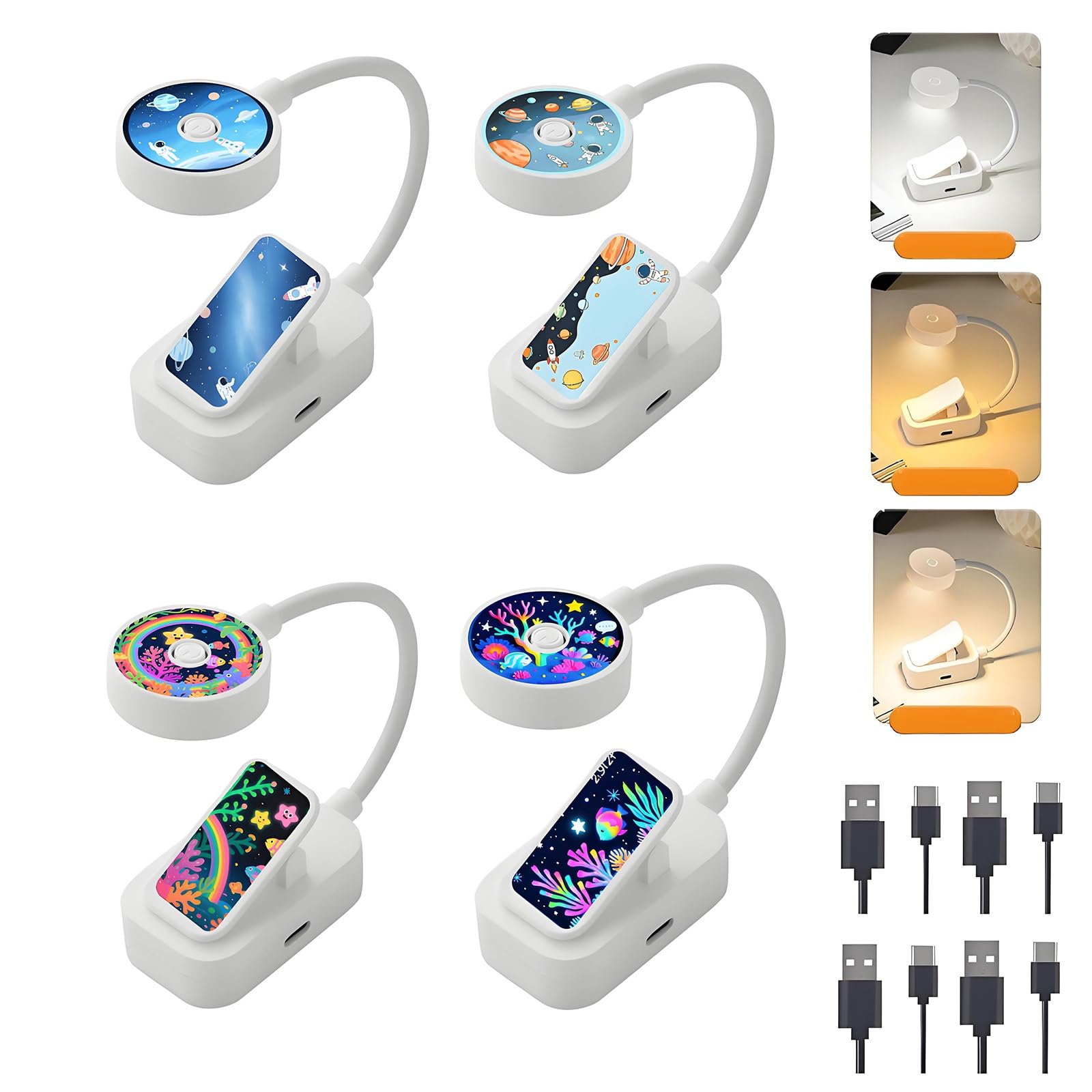 Darlur 4 Pack Rechargeable Cute Book Lights Bulk for Reading in Bed,3 Color,Adjustable Brightness,Clip on to Book Lights for Reading at Night?Great Gifts for Kids?Book Lovers?Readers