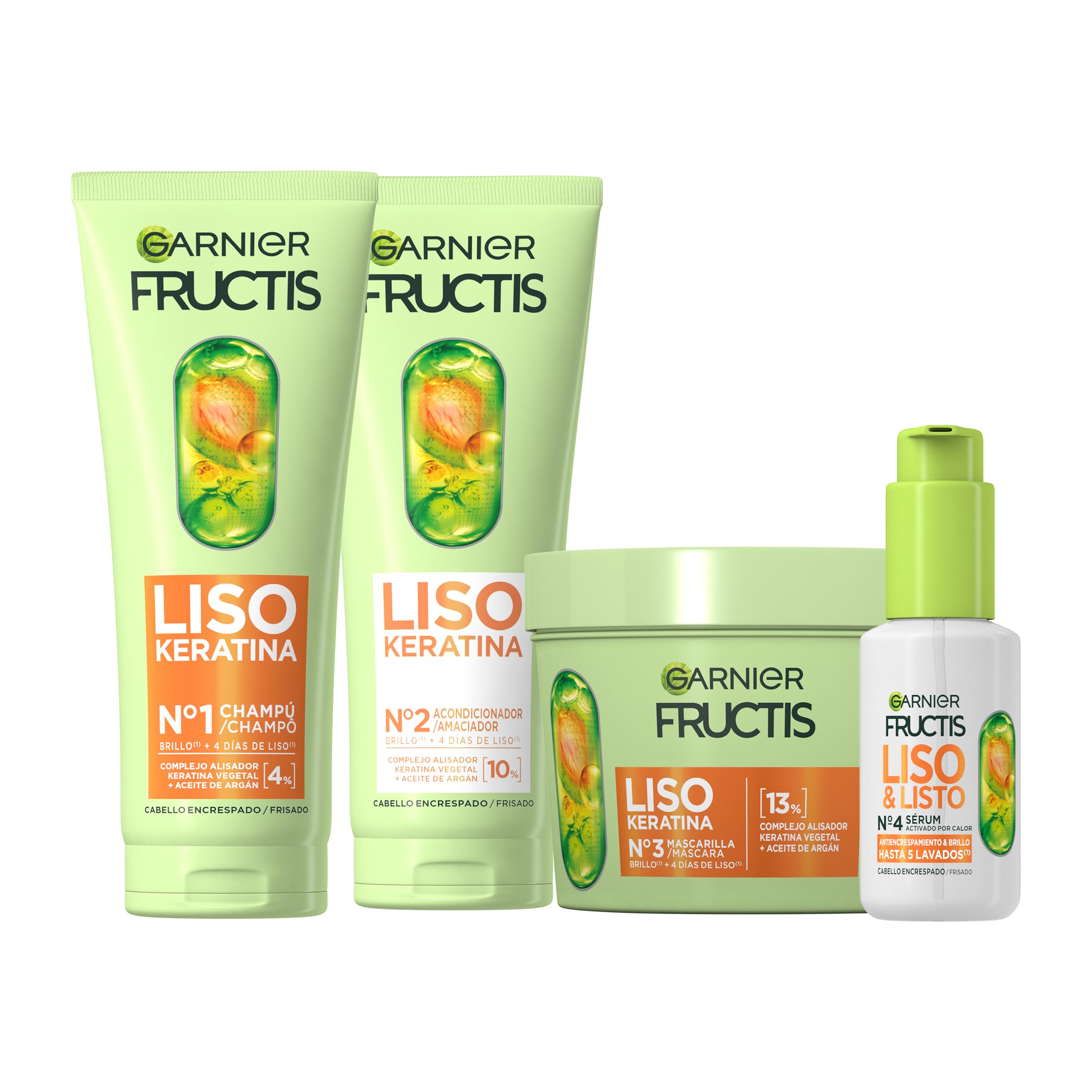Garnier Fructis Rutina Liso Keratina para cabello encrespado: Champú + Acondicionador + Mascarilla + Sérum activado por calor Liso & Listo