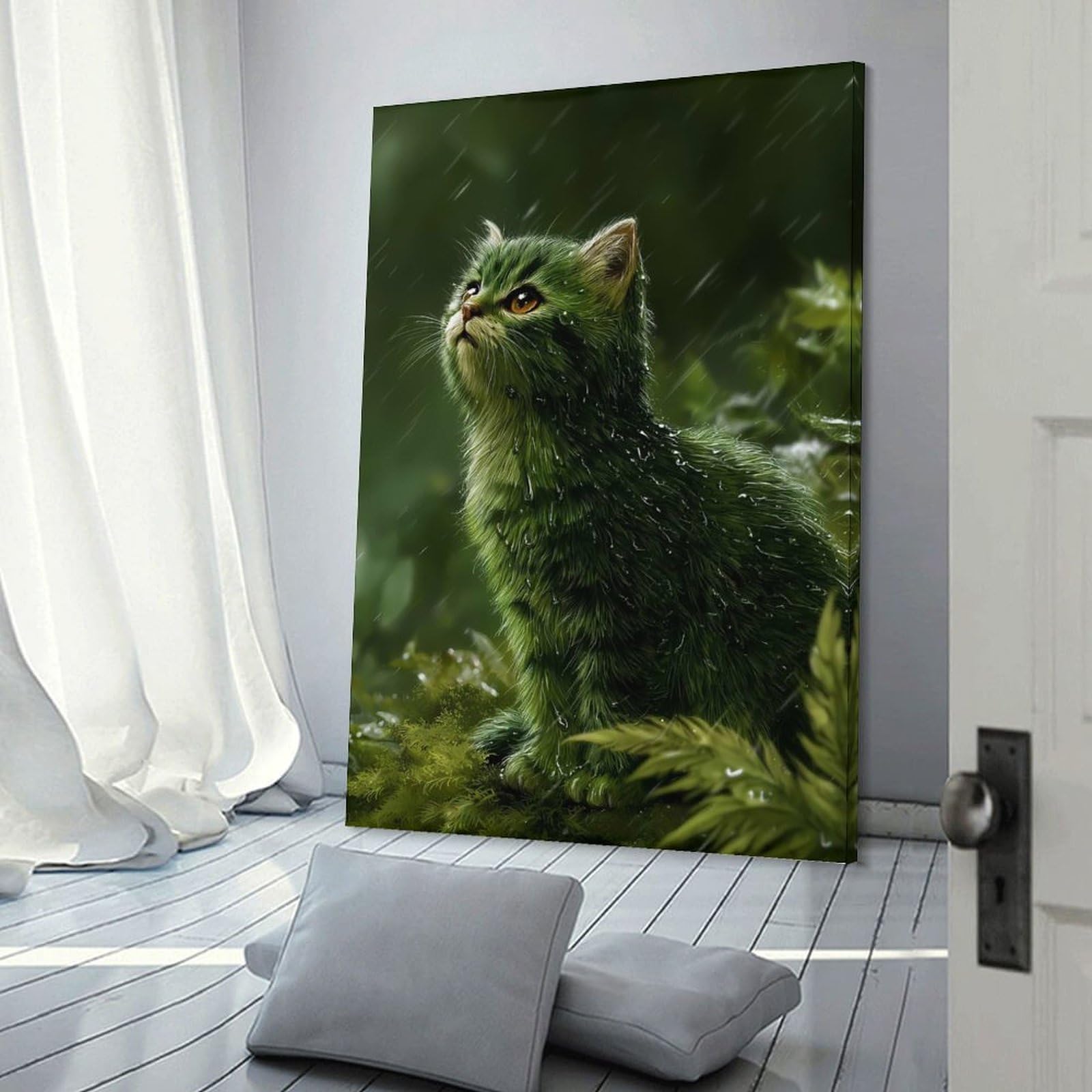 Junmoney Green Kitten in The Rain Decorative Wall Artwork, 24x36inch(60x90cm), for New Homes, Bedrooms Or Workspaces, Gift Idea for Housewarming And Birthdays