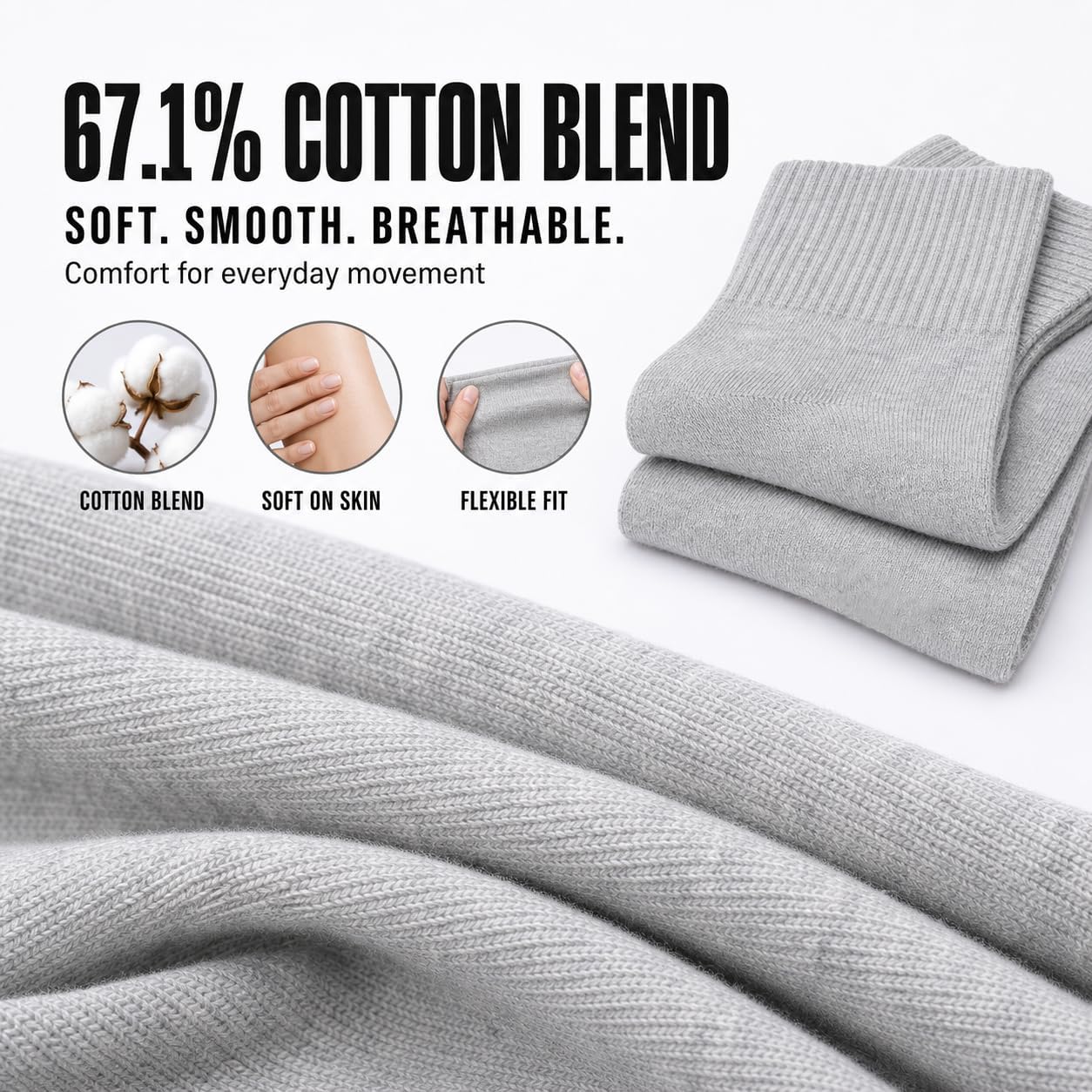 Unisex Cotton Blend Crew Socks, 6 Pairs, Black/White/Gray