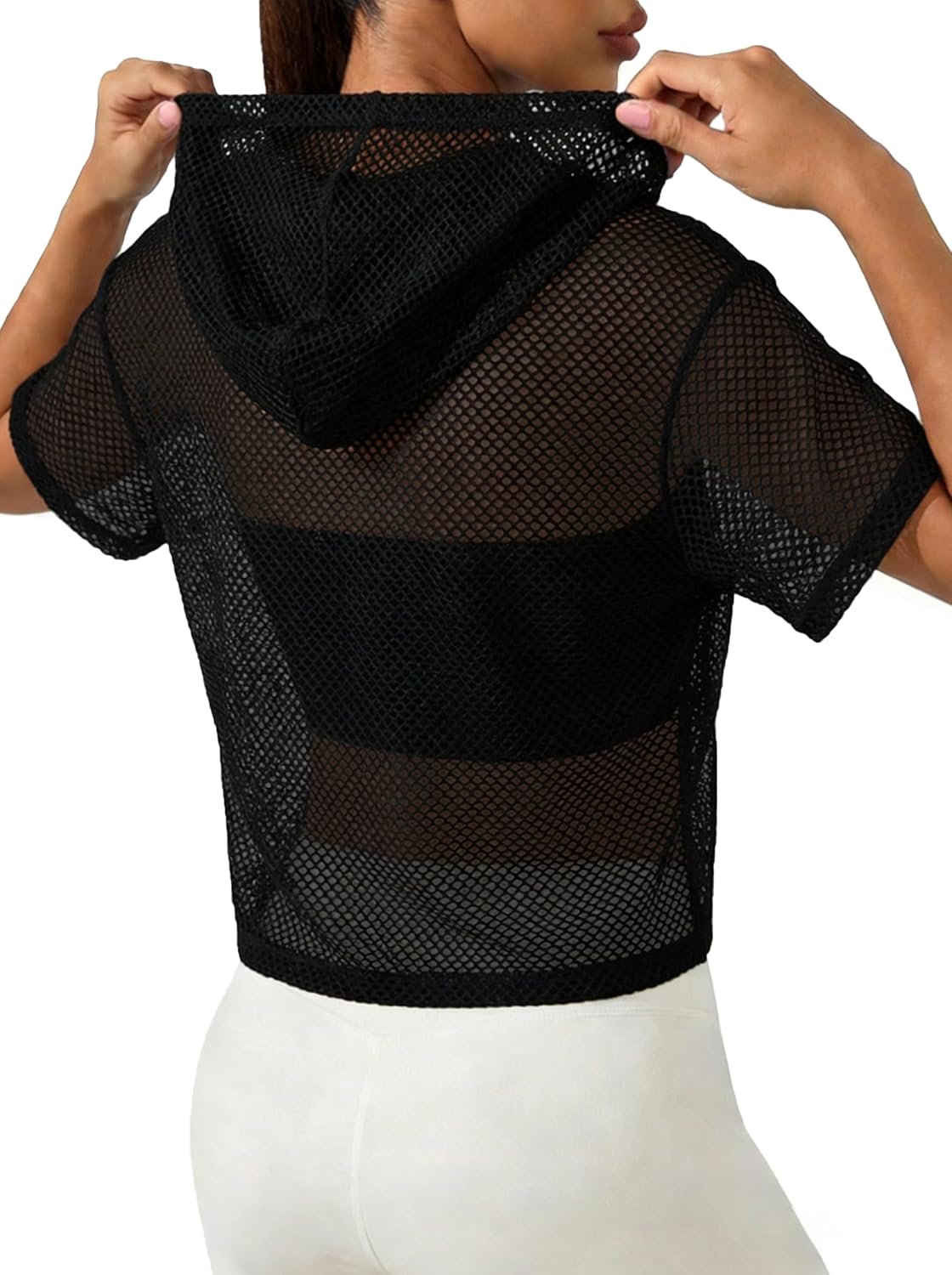 Remidoo Women Fishnet Mesh Workout Crop Top Short Sleeve Cropped Hoodie Athletic Gym Yoga Tops - Image 2