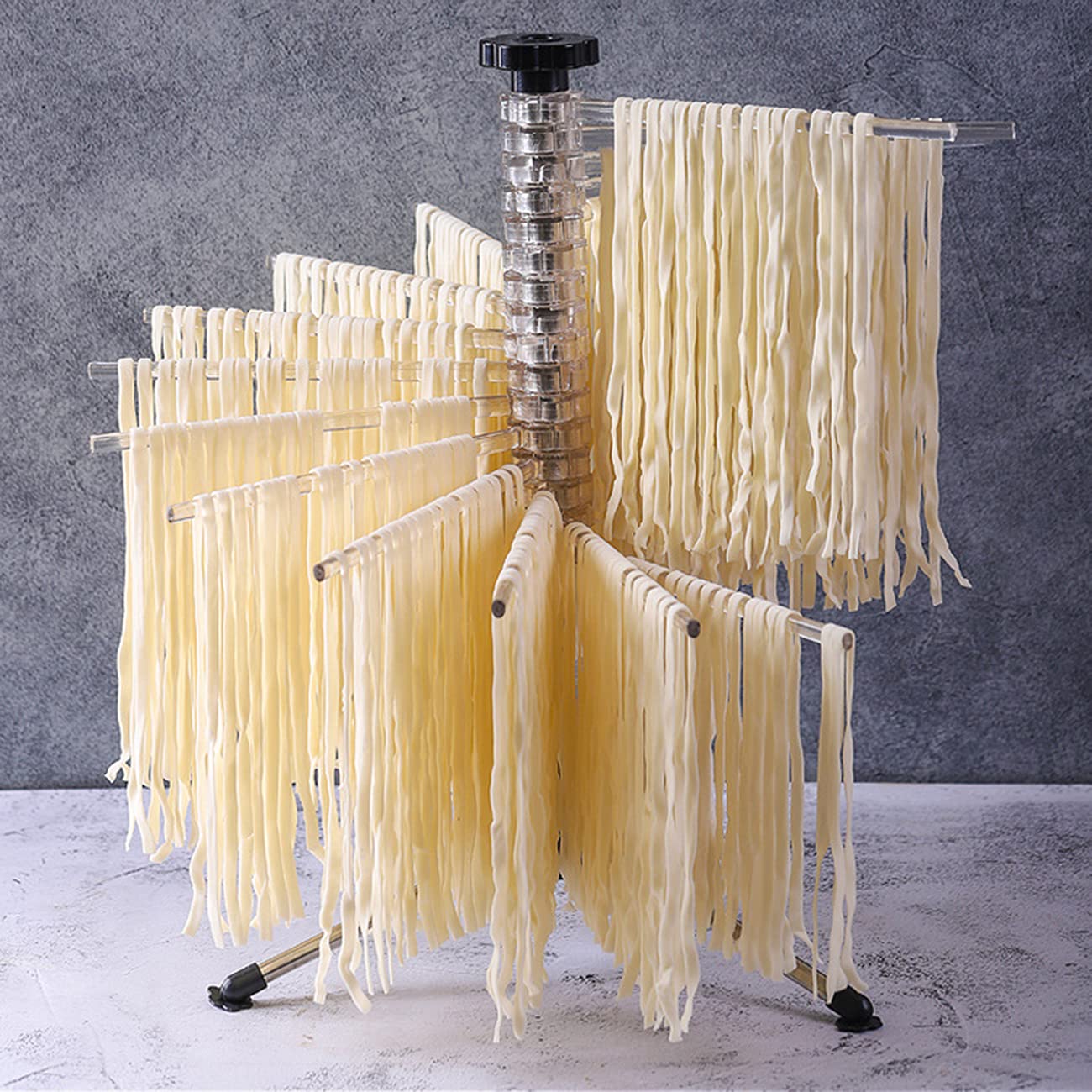 Tebery Secador de fideos para hasta 2,5 kg de pasta, 16 peldaños extensibles, barra de transporte integrada, plegable, secador de espaguetis