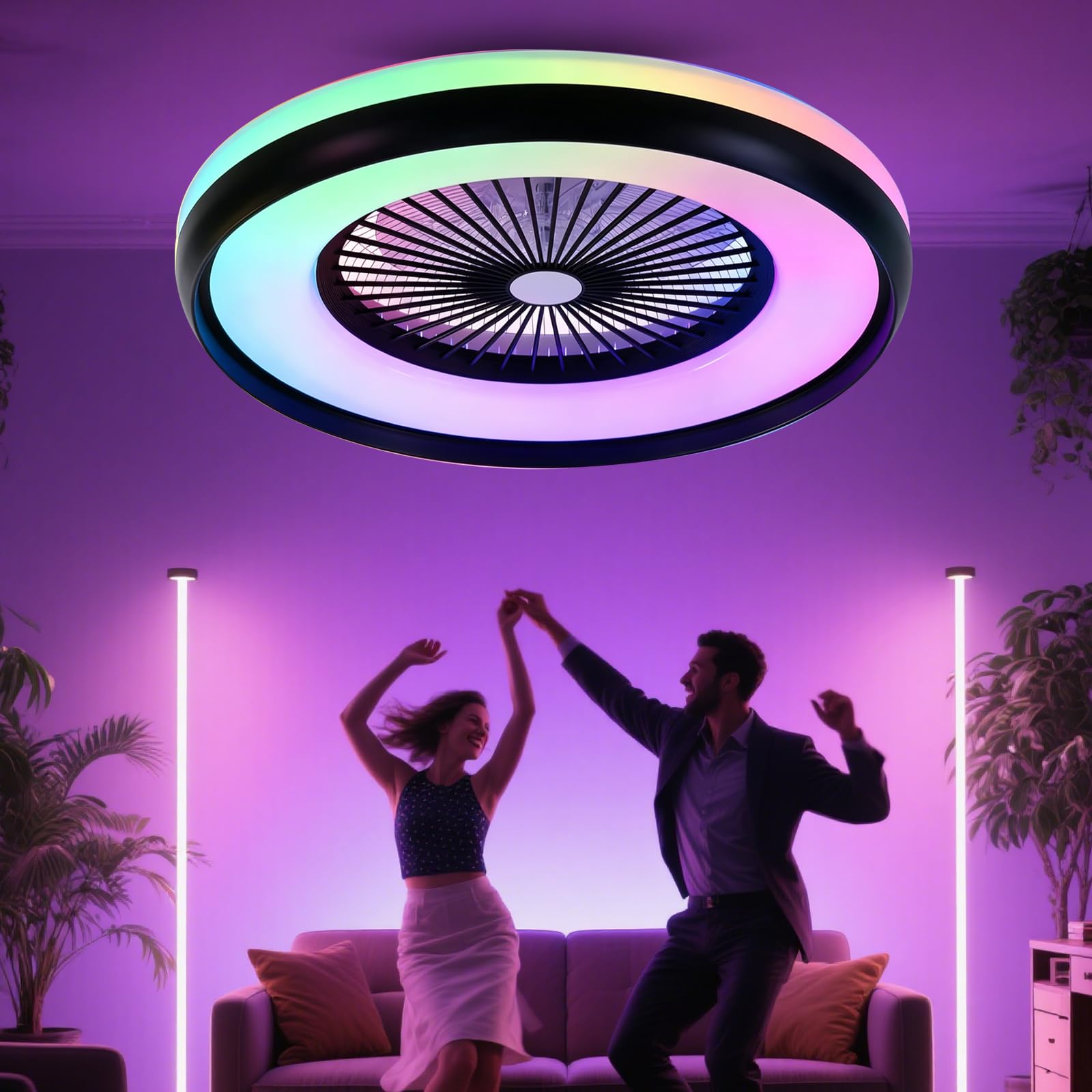 ZOMLBOF 48cm Quiet Fan with 6 Speeds,Reversible,Timer RGB Ceiling Fan Light,Built-in Bluetooth Speaker,Dimmable Smart Black Fan Lamp with Memory,APP and Remote,for Bedrooms,Studies Game Rooms