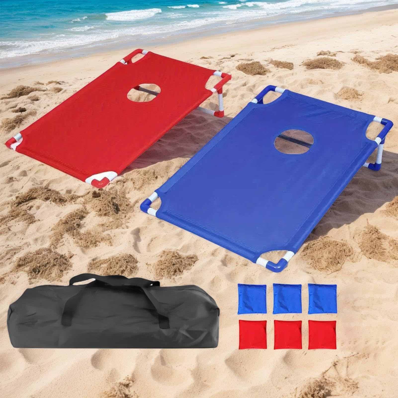 Cornhole Brett Set de puf portátil, juego de lanzamiento, tabla de 22,8 x 20 pulgadas, incluye 8 pufs para patio, jardín, niños, camping, adultos, viajes, parque, césped