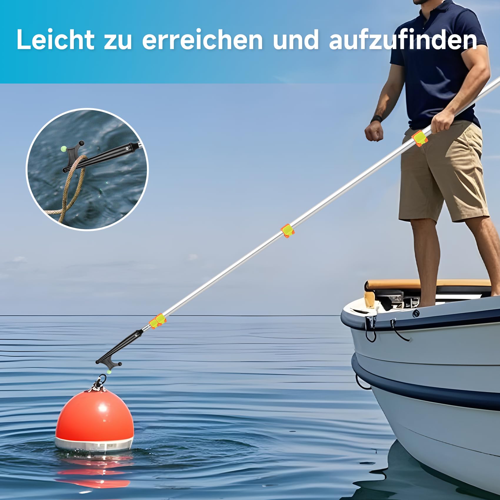 KOMCLUB Gancio telescopico per barca, in alluminio, design luminoso, resistente alla ruggine, durevole, forte, asta di spinta da indossare (argento, 358 cm)