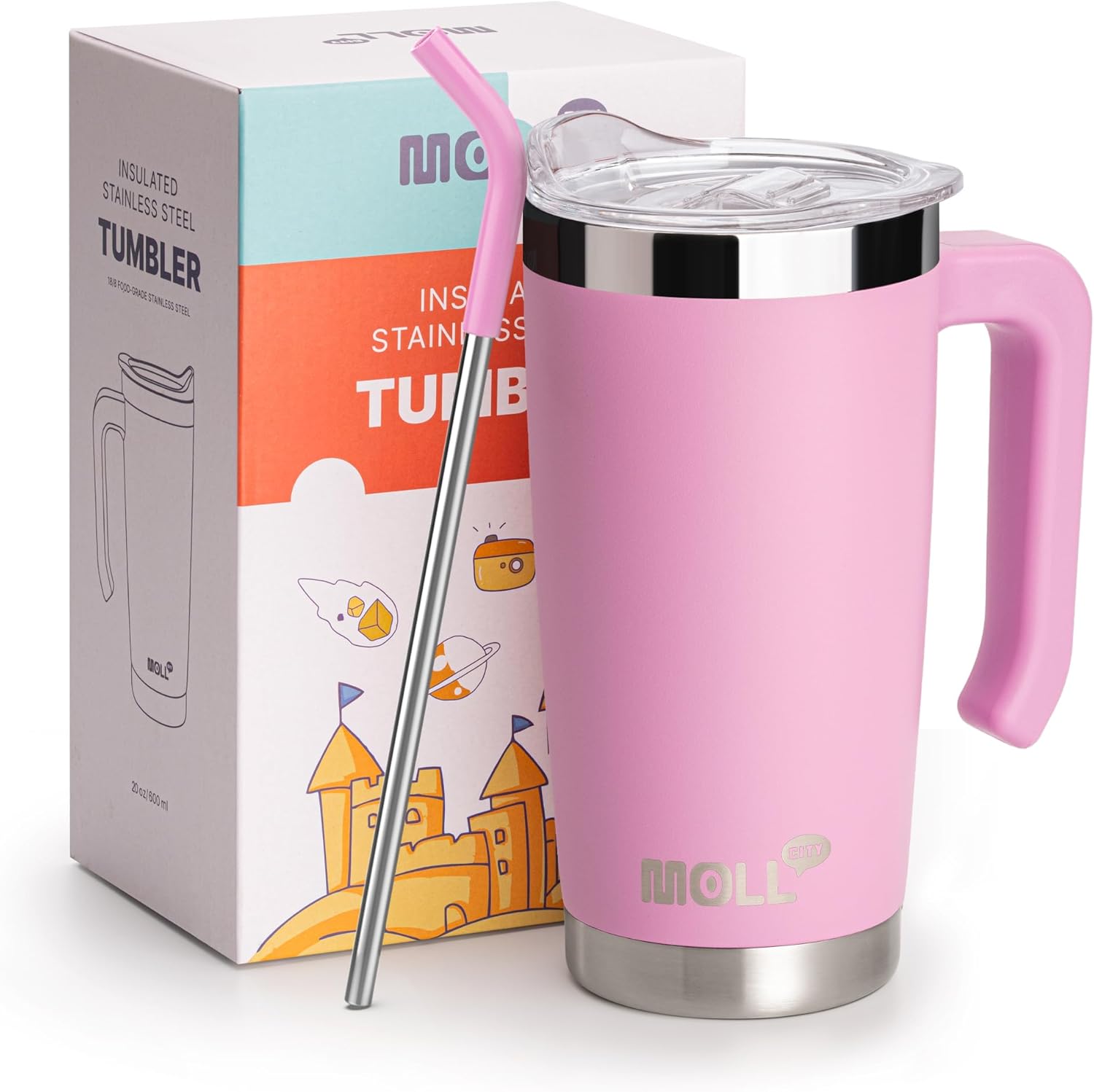 Insulated Coffee Mug with Lid and Handle -20 oz Stainless Steel Vacuum Tumbler Travel Cup with Straw for Kids and Girls, Leak Proof & BPA Free, Purple Pink