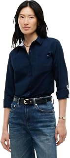 Tommy Hilfiger Women's Cotton Poplin Long Sleeve Button Down Shirt in Regular Fit with Roll Up Sleeve