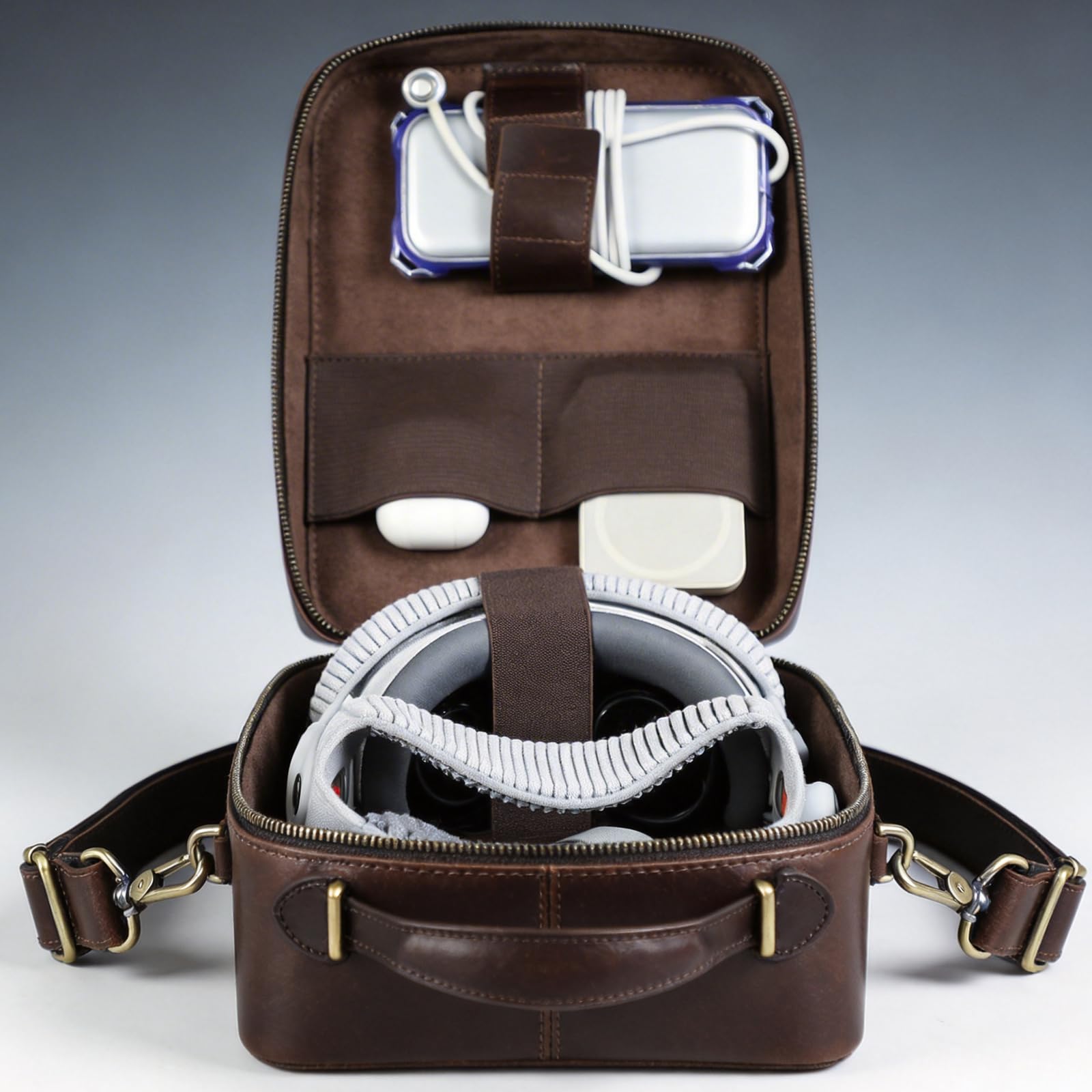 Custodia da viaggio impermeabile per cuffie con organizzazione intelligente e spaziose tasche eleganti in pelle marrone