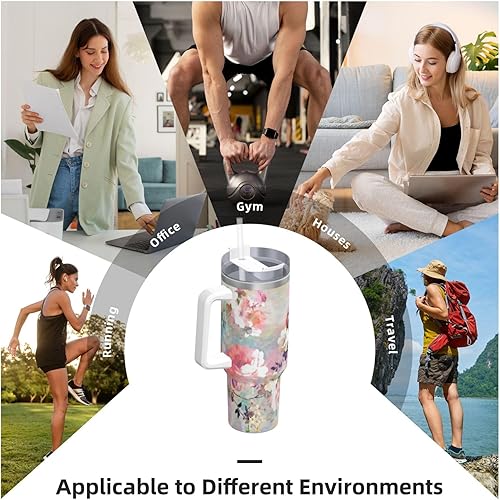 Miniatura 7 de PTONUIC Vaso de 40 onzas con diseño de flores rosas de acuarela con asa y tapa con pajilla, vaso aislado reutilizable, botella de agua de acero