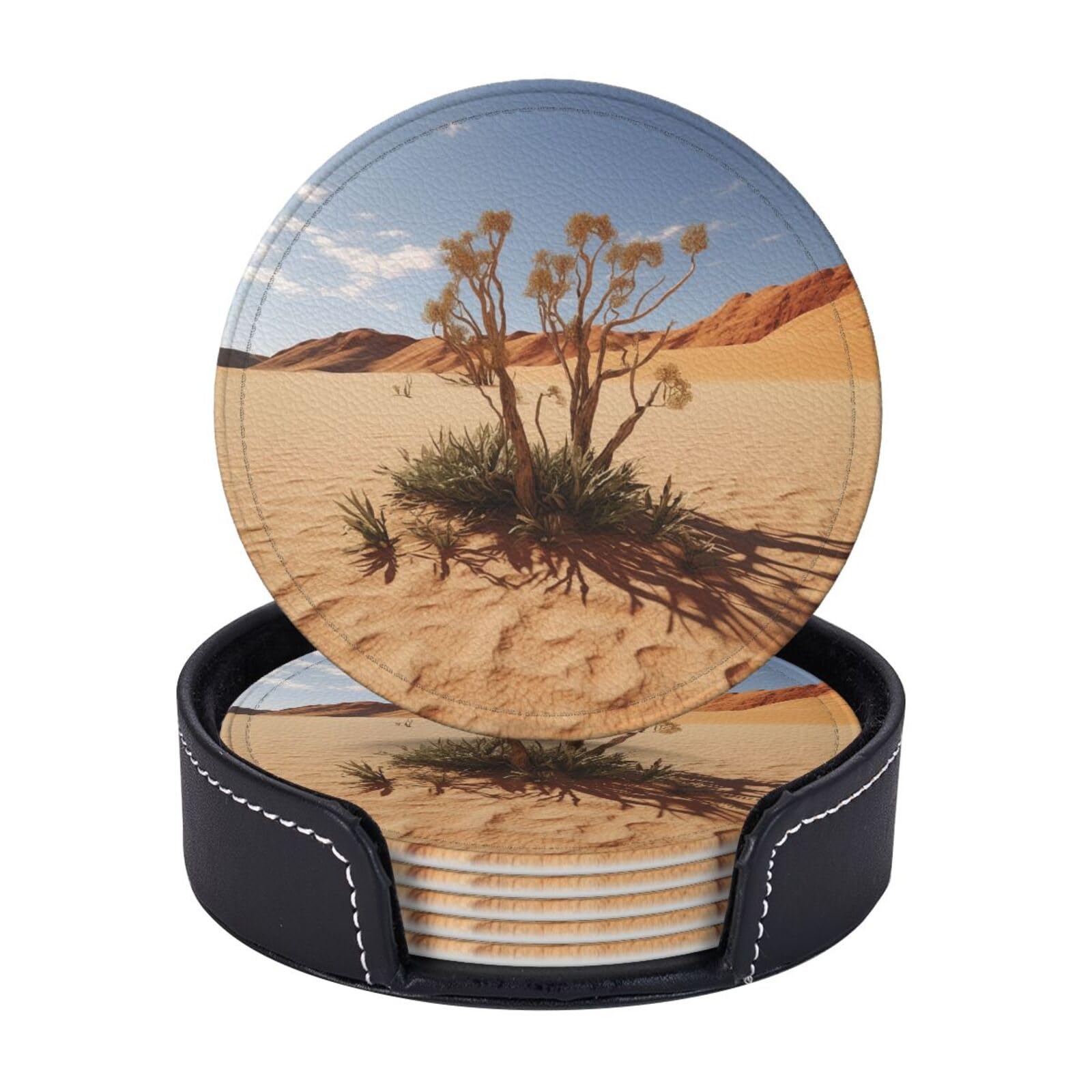 6PCS Drink Coasters with Holder, 4" Leather Coasters for Drinks, Desert Plant Cup Coasters for Coffee Table Decor, Non-Slip Drinking Cup Mat for Hot or Cold Drink