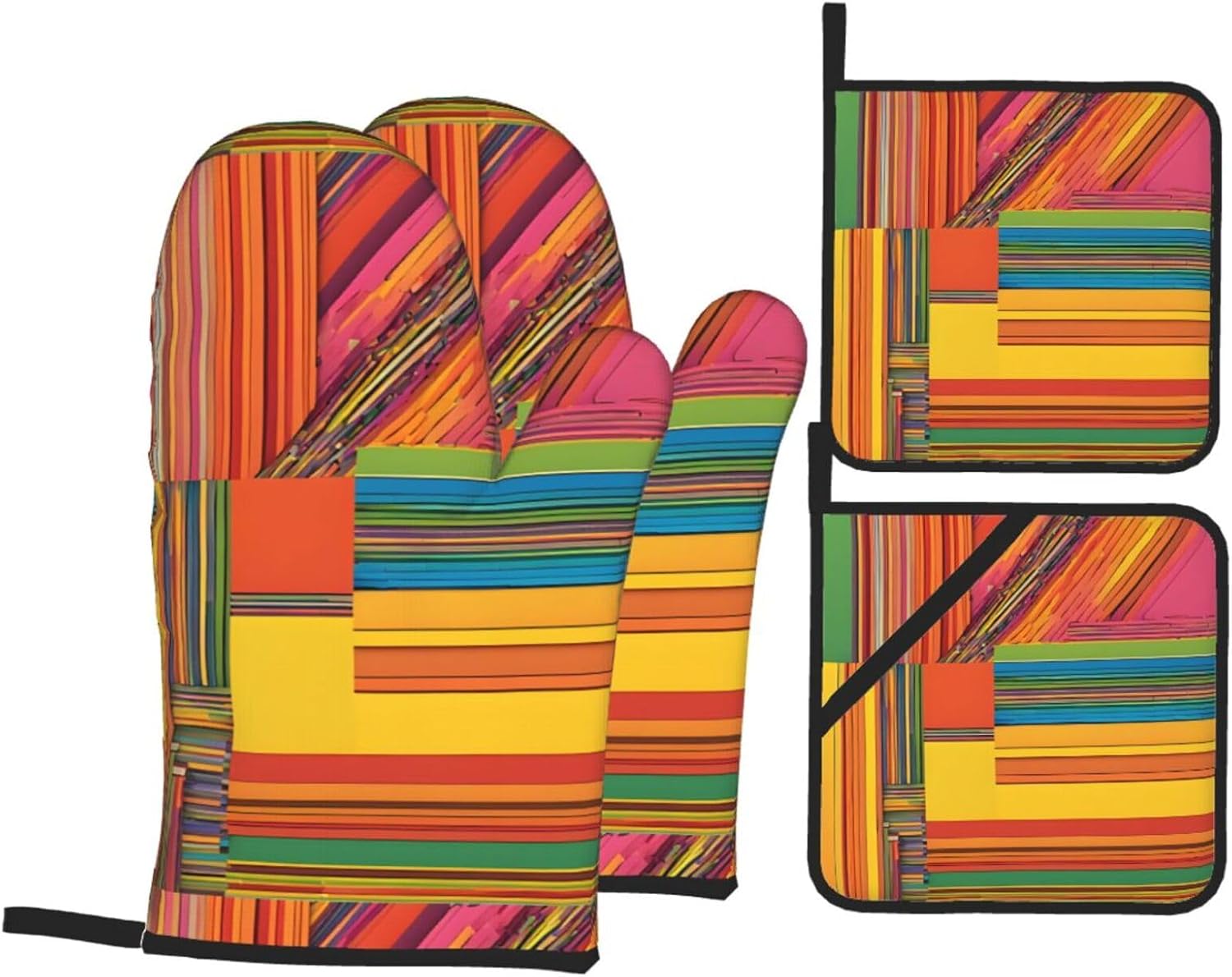 (African National Patterns) Baking 4-Piece Set: 2 Oven Mitts and 2 Pot Holders Heat Resistant Waterproof Hanging Loop for Kitchen Oven Grill Housewarming Gifts