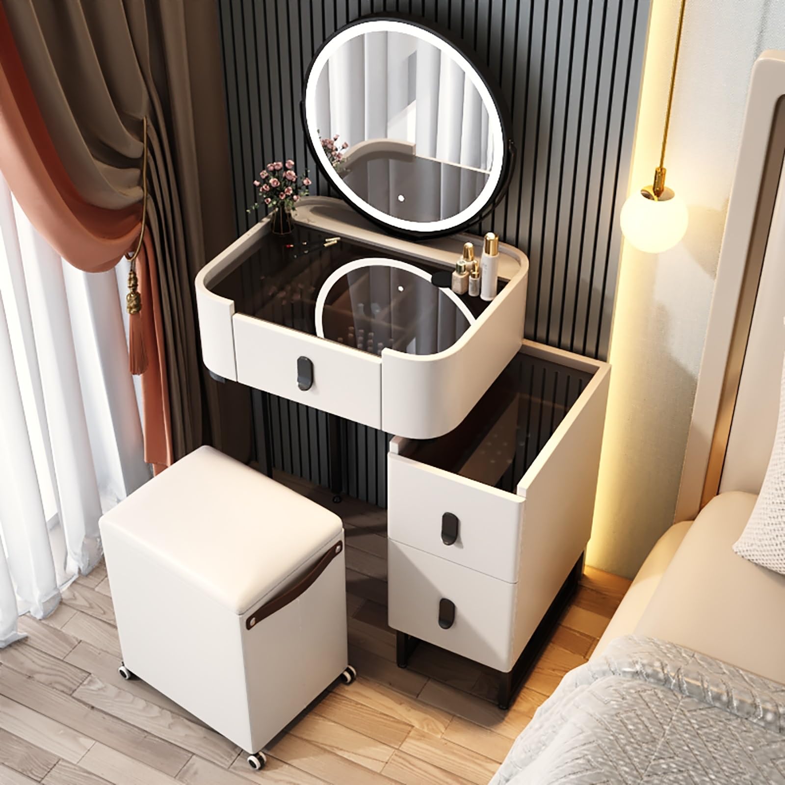 asdchZen White Vanity Desk With Adjustable Brightness Mirror-Wooden Makeup Table For Girls & Women-Ideal For Bedroom & Dressing Room-Stylish & Functional Design