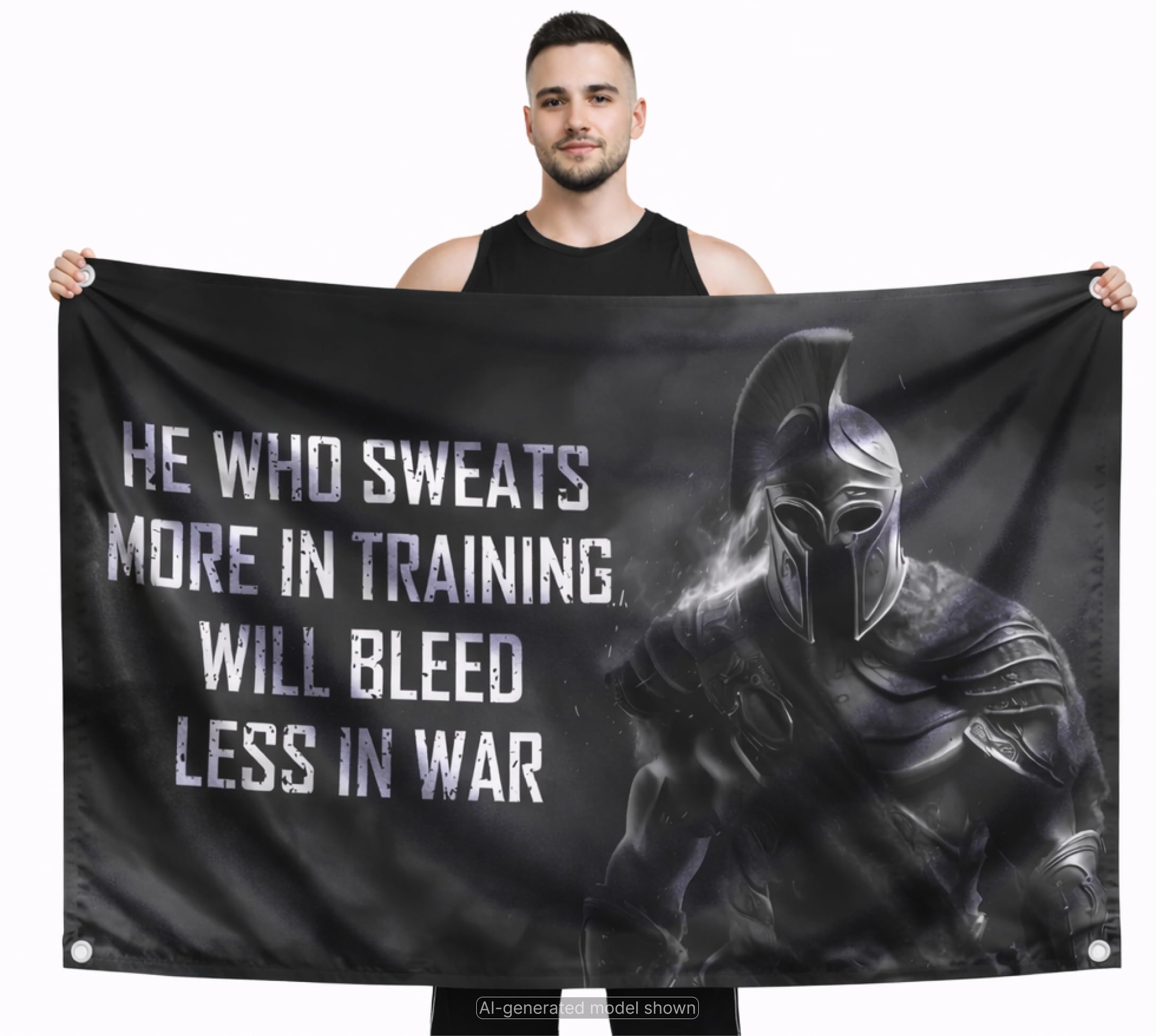 3x5 Ft Motivational Polyester Flag He Who Sweats More In Training Will Bleed Less In War with 4 Grommets - Improvement Wall Decor for Home or Gym - Wall Single Sided Flag with Spartan Image and Quote