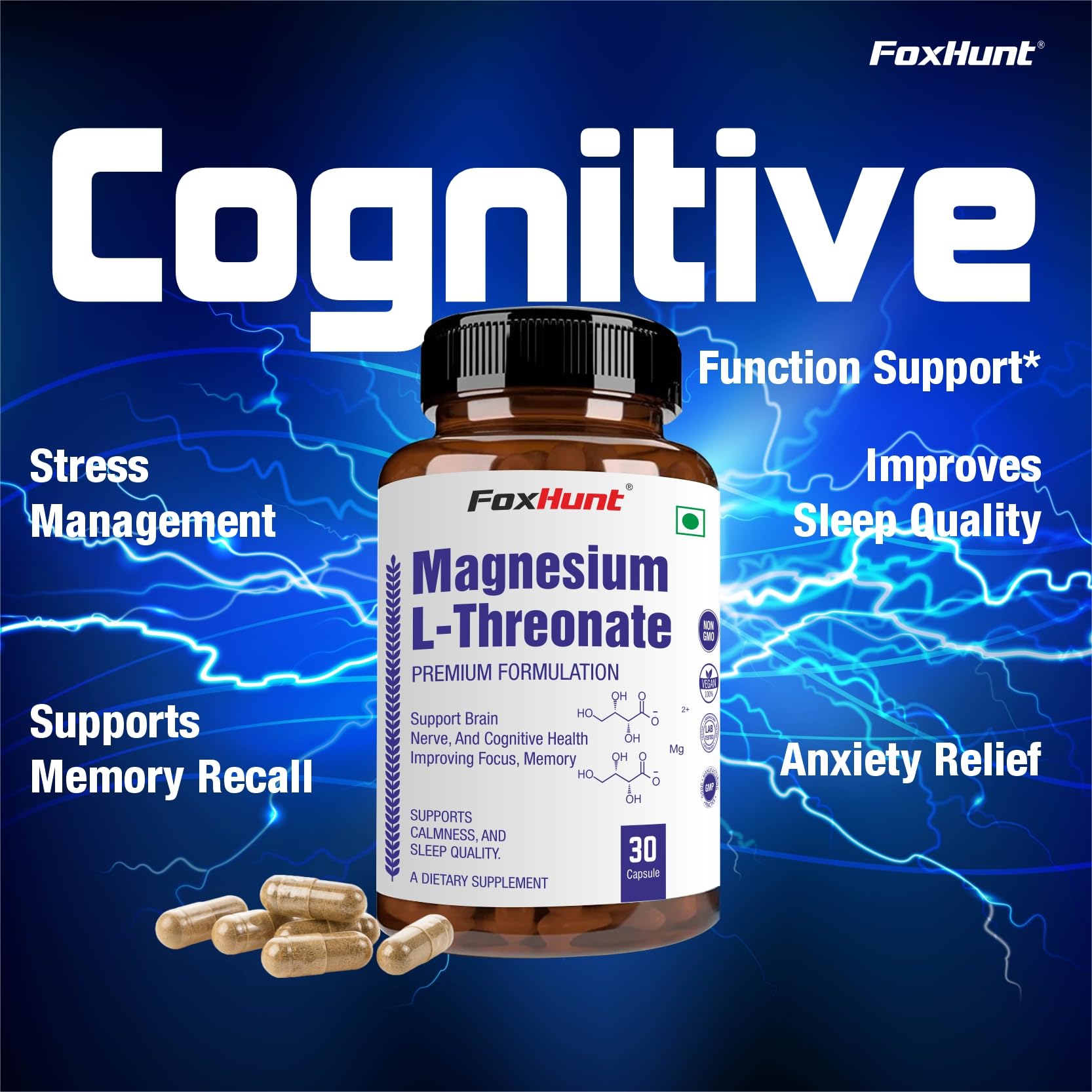 FoxHunt Magnesium L-Threonate Premium Formulation for Brain, Nerve, and Cognitive Health Support, Improves Focus, Memory, Calmness and Sleep Quality, 30 Capsules (Pack of 1) — Amazon image 3