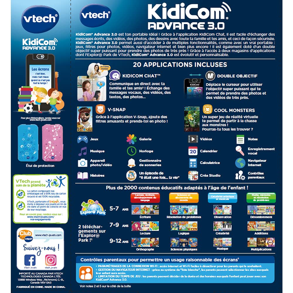 VTech - KidiCom Advance 3.0 Noir, Portable Enfant sans Forfait Sécurisé – 6/12 Ans – Contenu en Français