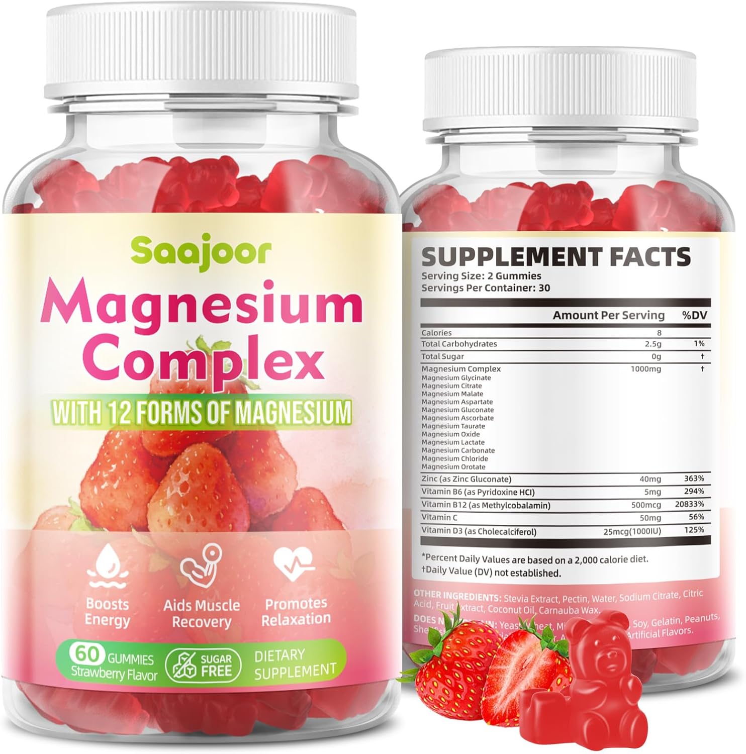 2 Pack Magnesium Complex Gummies – with 12 Forms of Magnesium (Citrate, Glycinate, Malate, Oxide, and More) Plus Vitamins B6, B12, and C. for Women and Men – Strawberry Flavor, 120 Count