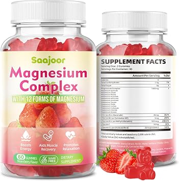 Magnesium Complex Gummies with 12 Forms of Magnesium Citrate, Glycinate, Malate, Oxide, and More Plus Vitamins B6, B12, and C. for Women and Men Strawberry Flavor, 60 Count