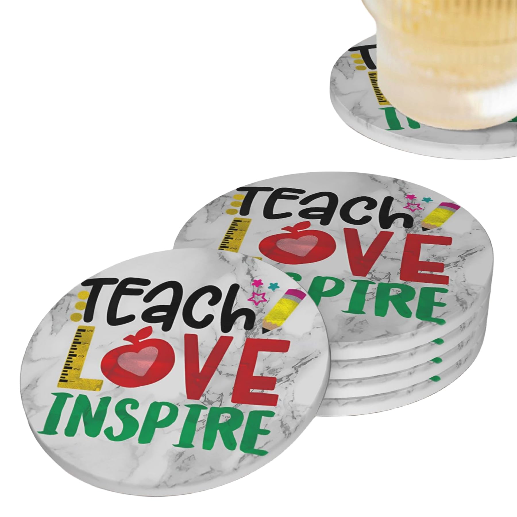 Teach Love Inspire Teacher Coasters for Drinks Set of 4, White Marble Absorbent Ceramic Drink Coasters for Coffee Table Wooden Table Cup Bar, 4 Inches