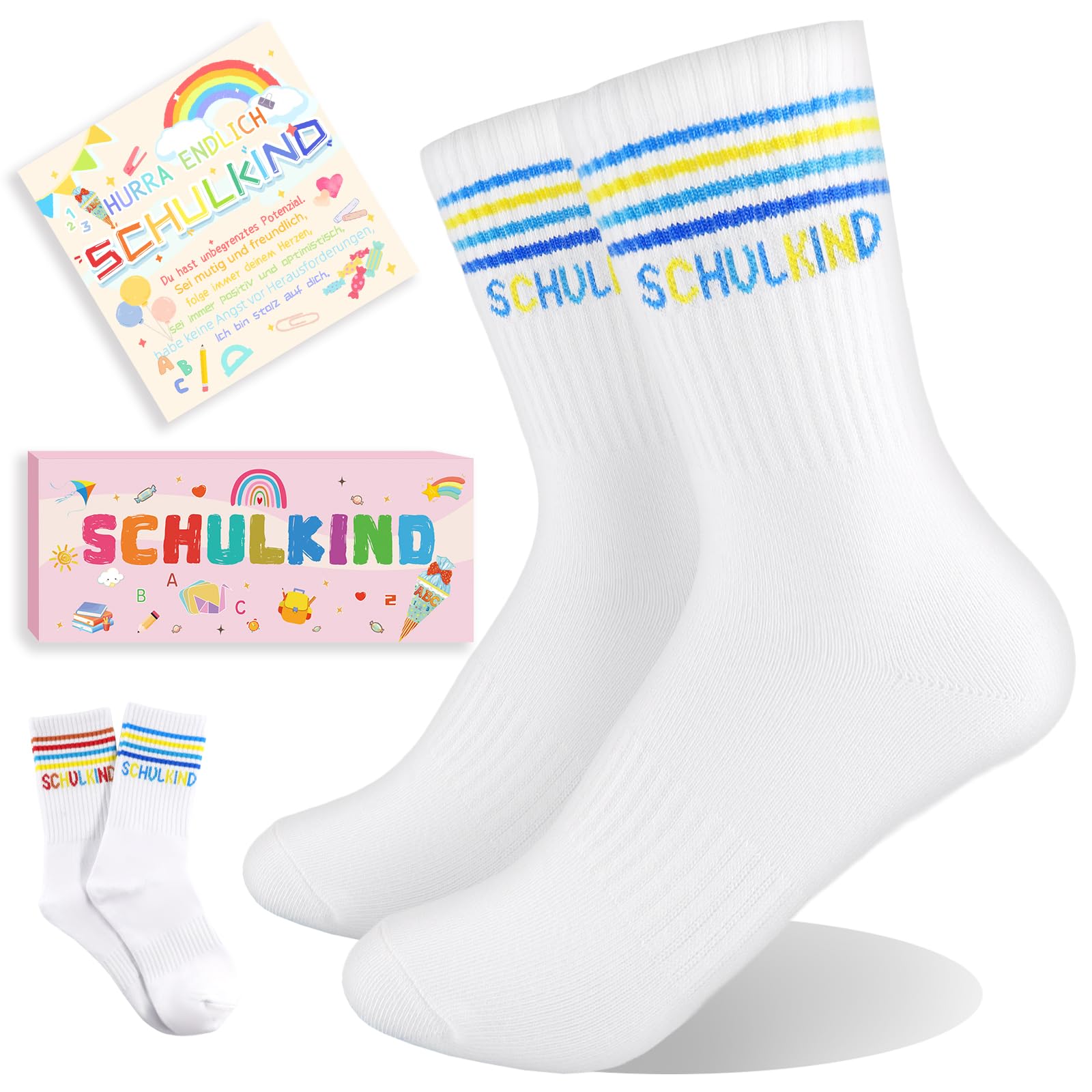 Schulkind Socken 25-34 Jungen Mädchen,Einschulung Geschenk Socken,2026 einschulung Schulkind Baumwolle Schultüte Füllung Schulanfang einschulung Geschenk mädchen Jungen mit Grußkarte Geschenkbox