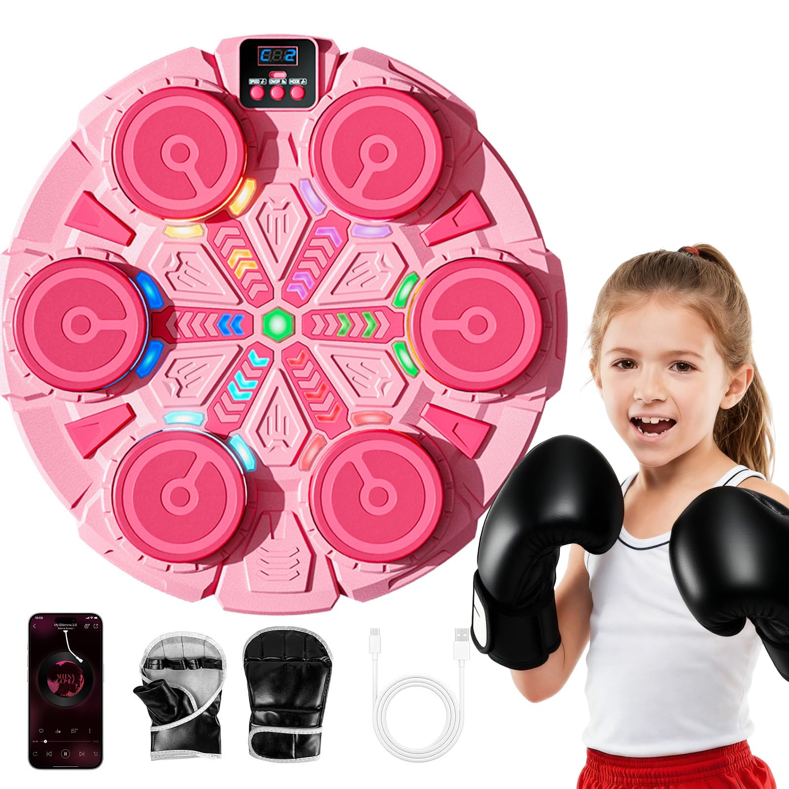 Music Boxing Machine for Kids, Bluetooth Wall Mounted Punching Pad with Gloves, Score Display & Rhythm Lights, Smart Boxing Equipment Training Pad, Sport Toys Gifts for Boys Girls (Pink) โ image 1