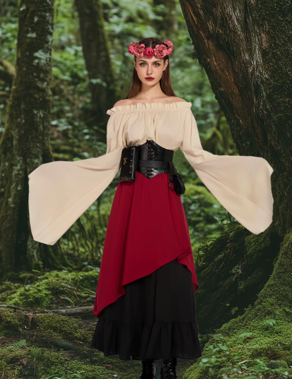 Renaissance Costume Women Ren Faire Outfit Medieval Skirt Dress with Corset Belt Pouch Coin Purse Skirt Hike 7PC - Image 5